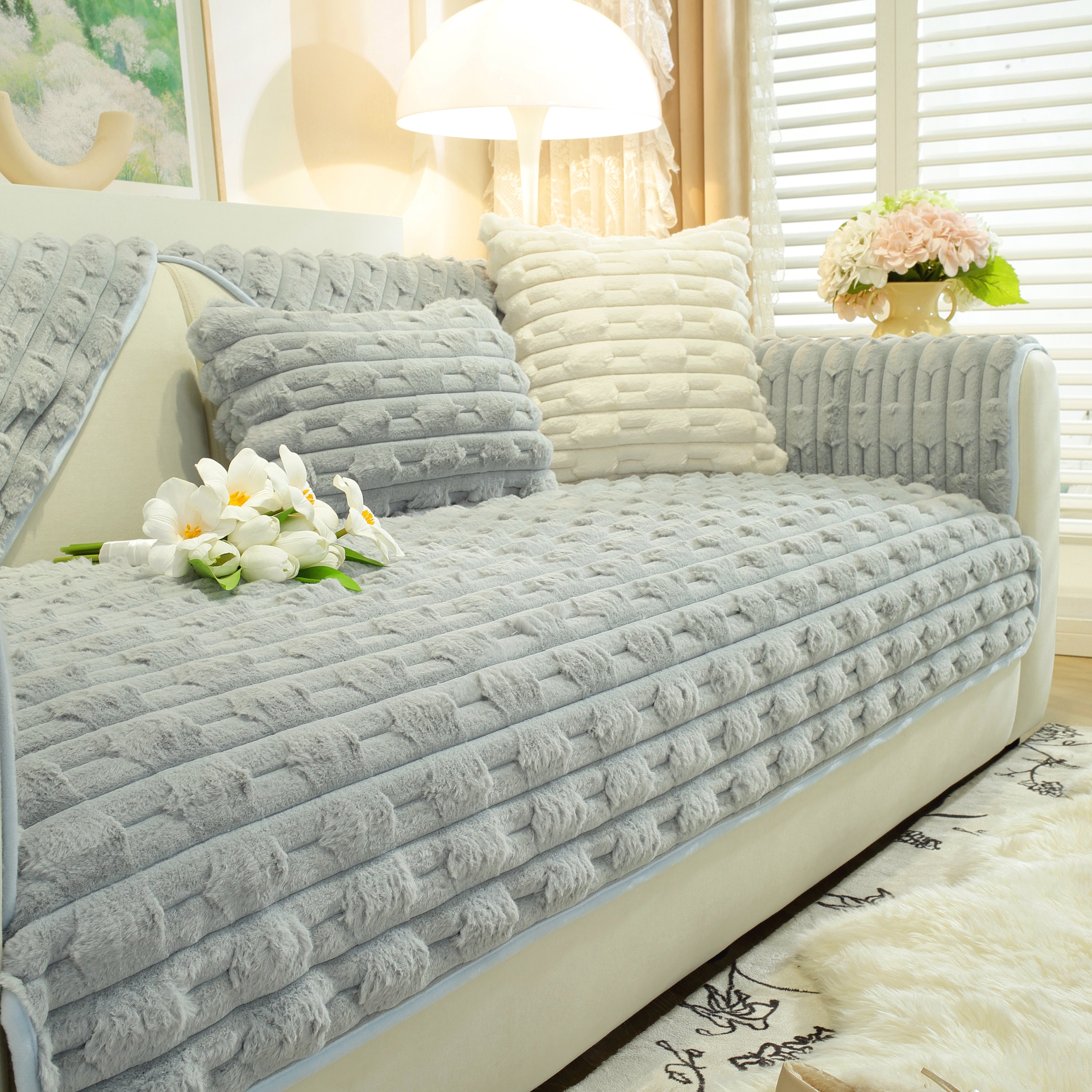 Bamboo-style Sofa Towel, Faux Rabbit Fur Thickened Non-slip Seat Cushion Covers