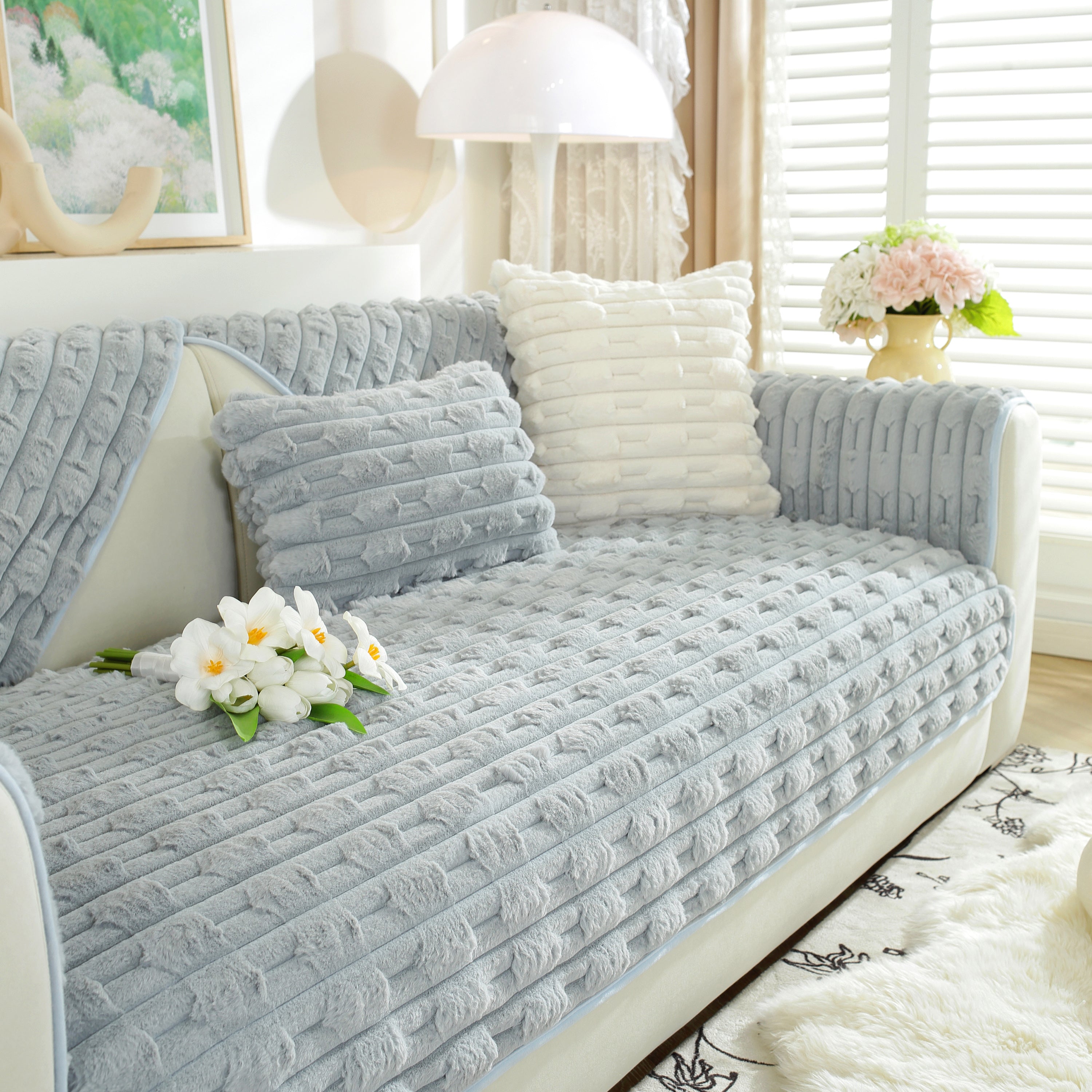 Bamboo-style Sofa Towel, Faux Rabbit Fur Thickened Non-slip Seat Cushion Covers