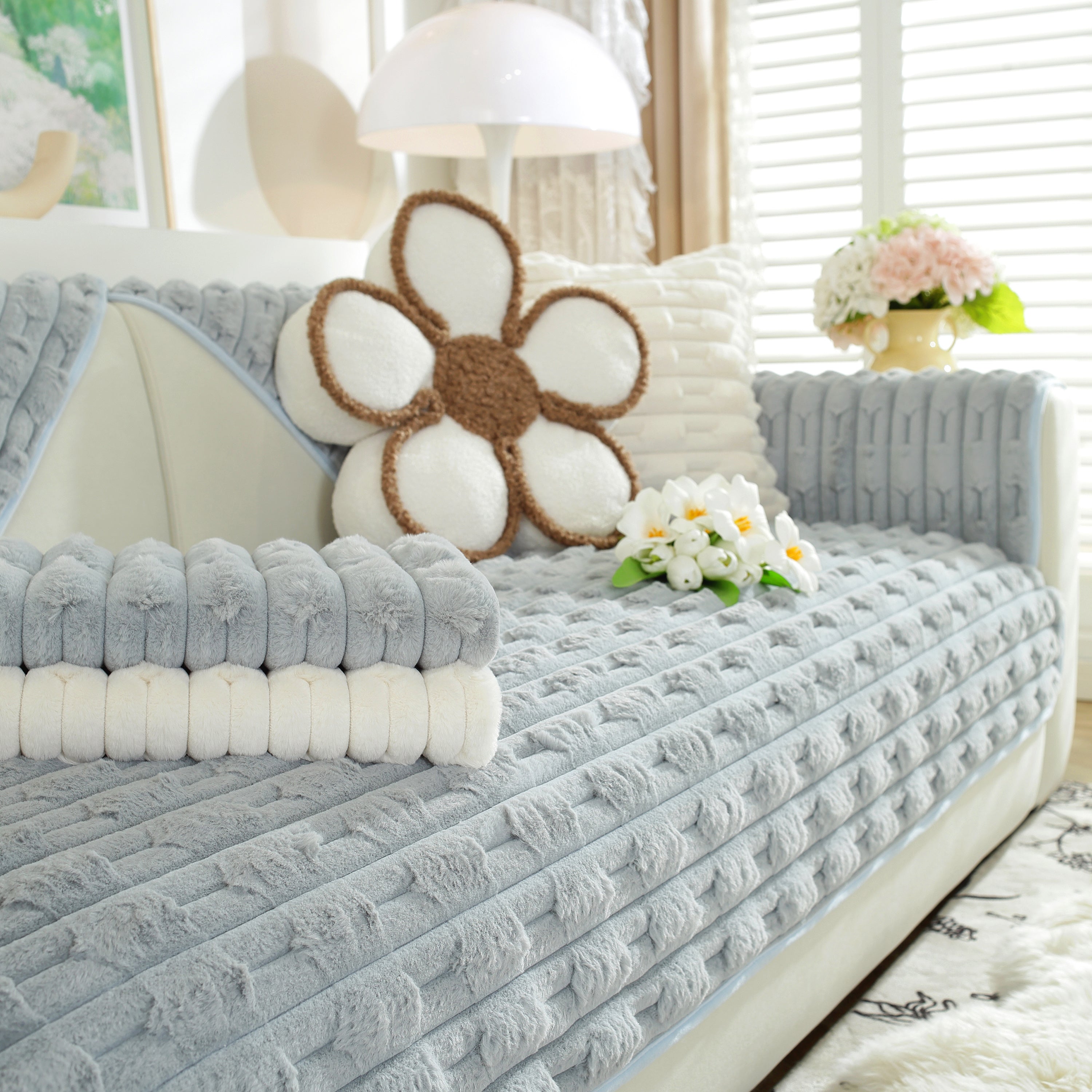 Bamboo-style Sofa Towel, Faux Rabbit Fur Thickened Non-slip Seat Cushion Covers