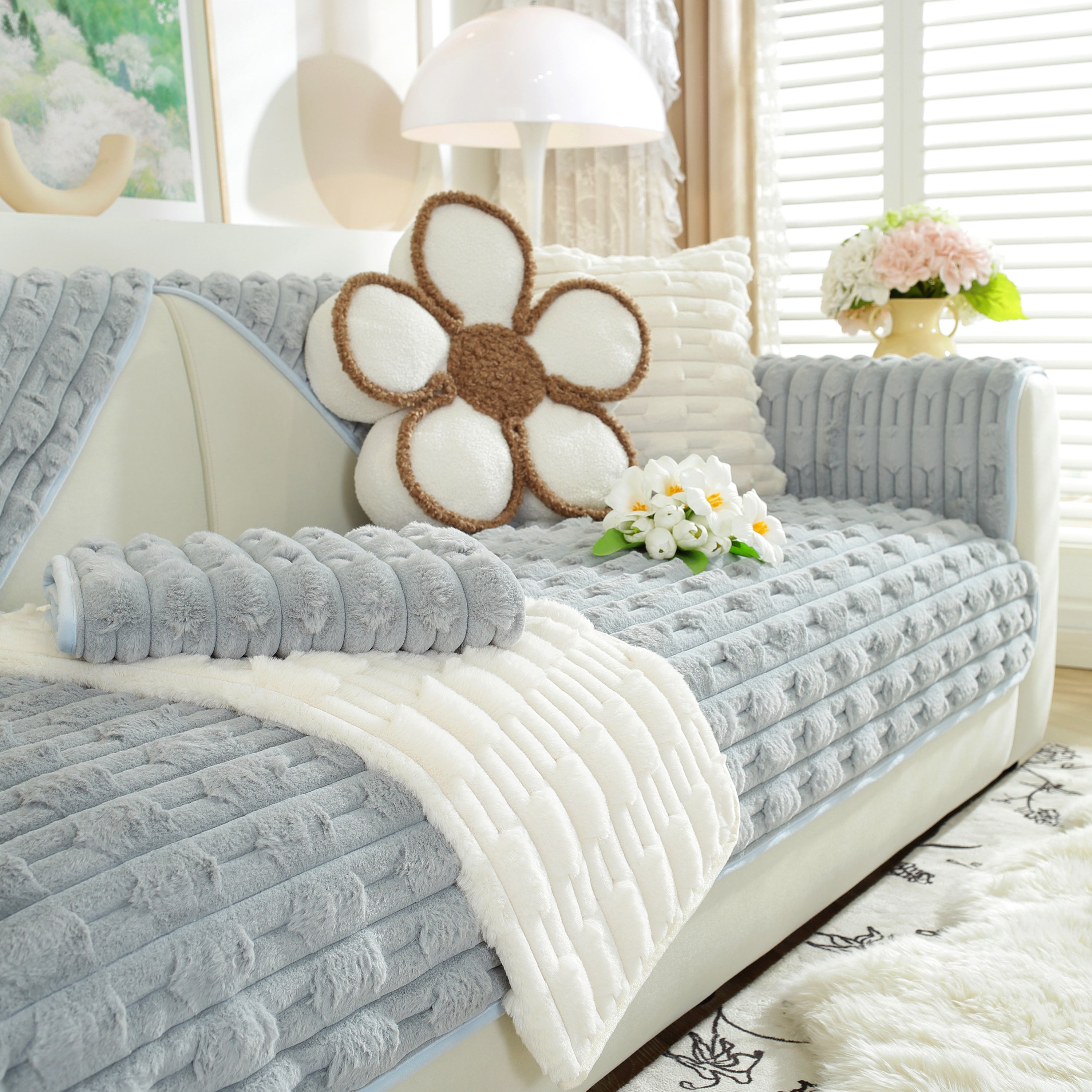 Bamboo-style Sofa Towel, Faux Rabbit Fur Thickened Non-slip Seat Cushion Covers