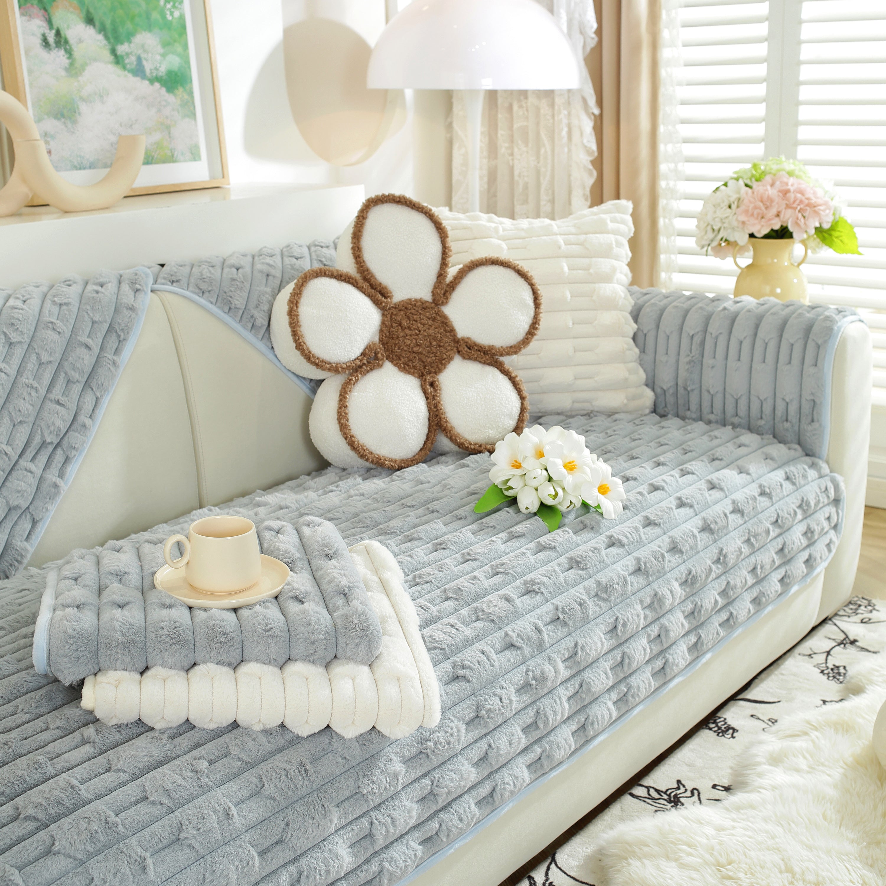 Bamboo-style Sofa Towel, Faux Rabbit Fur Thickened Non-slip Seat Cushion Covers