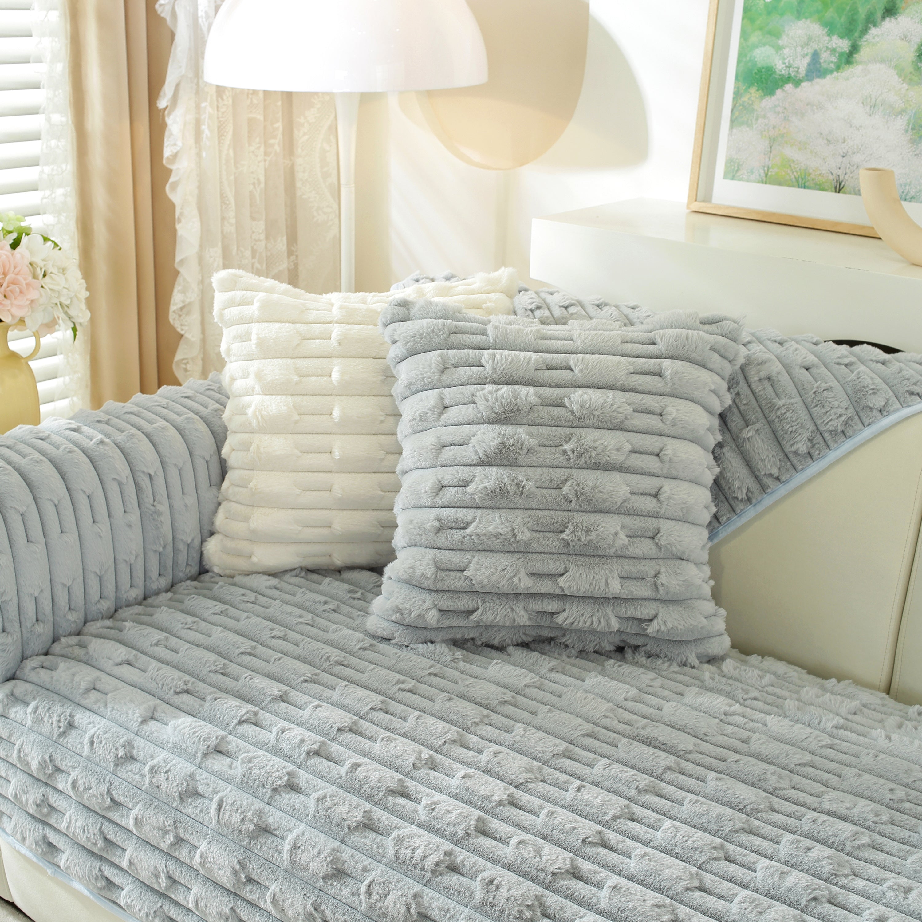 Bamboo-style Sofa Towel, Faux Rabbit Fur Thickened Non-slip Seat Cushion Covers