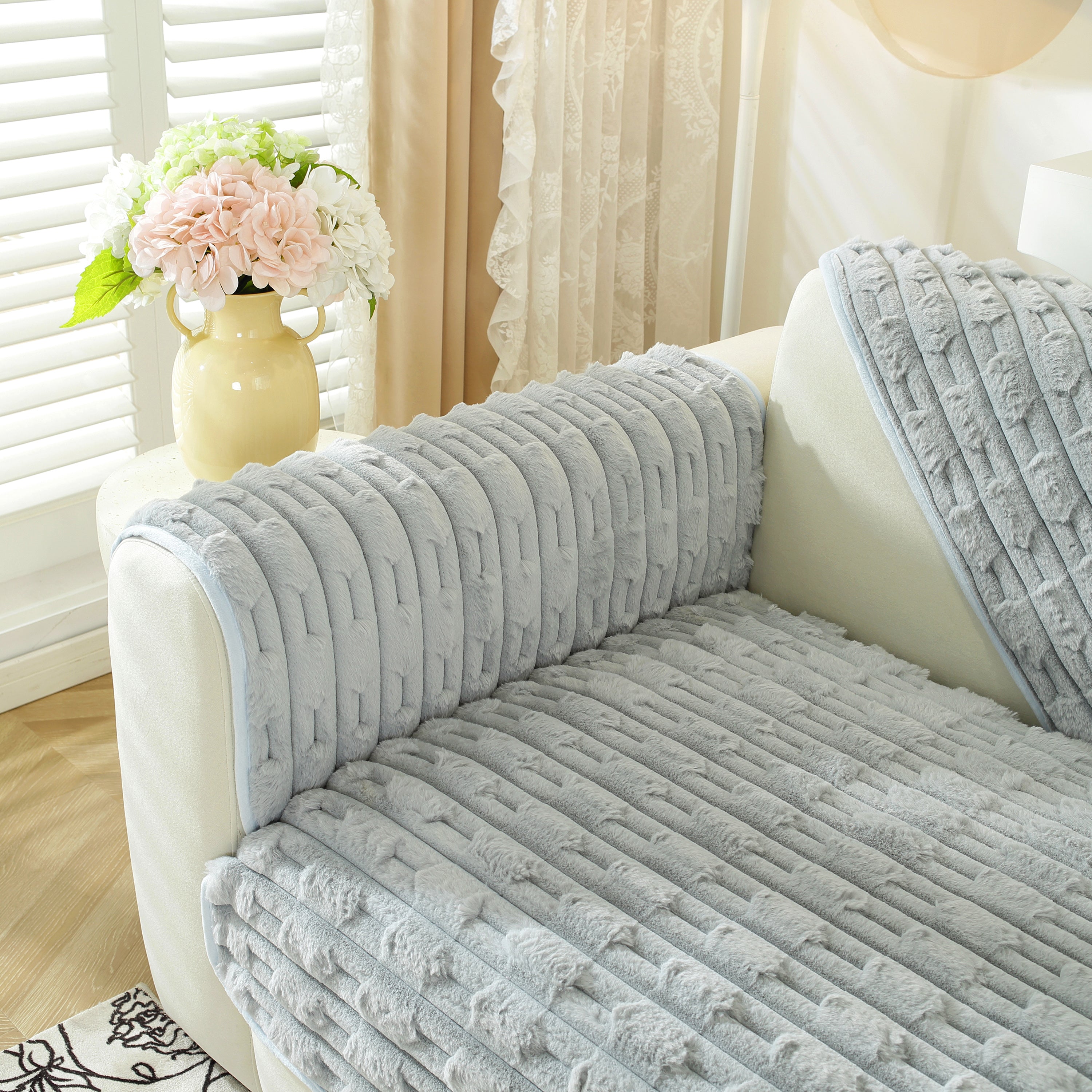 Bamboo-style Sofa Towel, Faux Rabbit Fur Thickened Non-slip Seat Cushion Covers