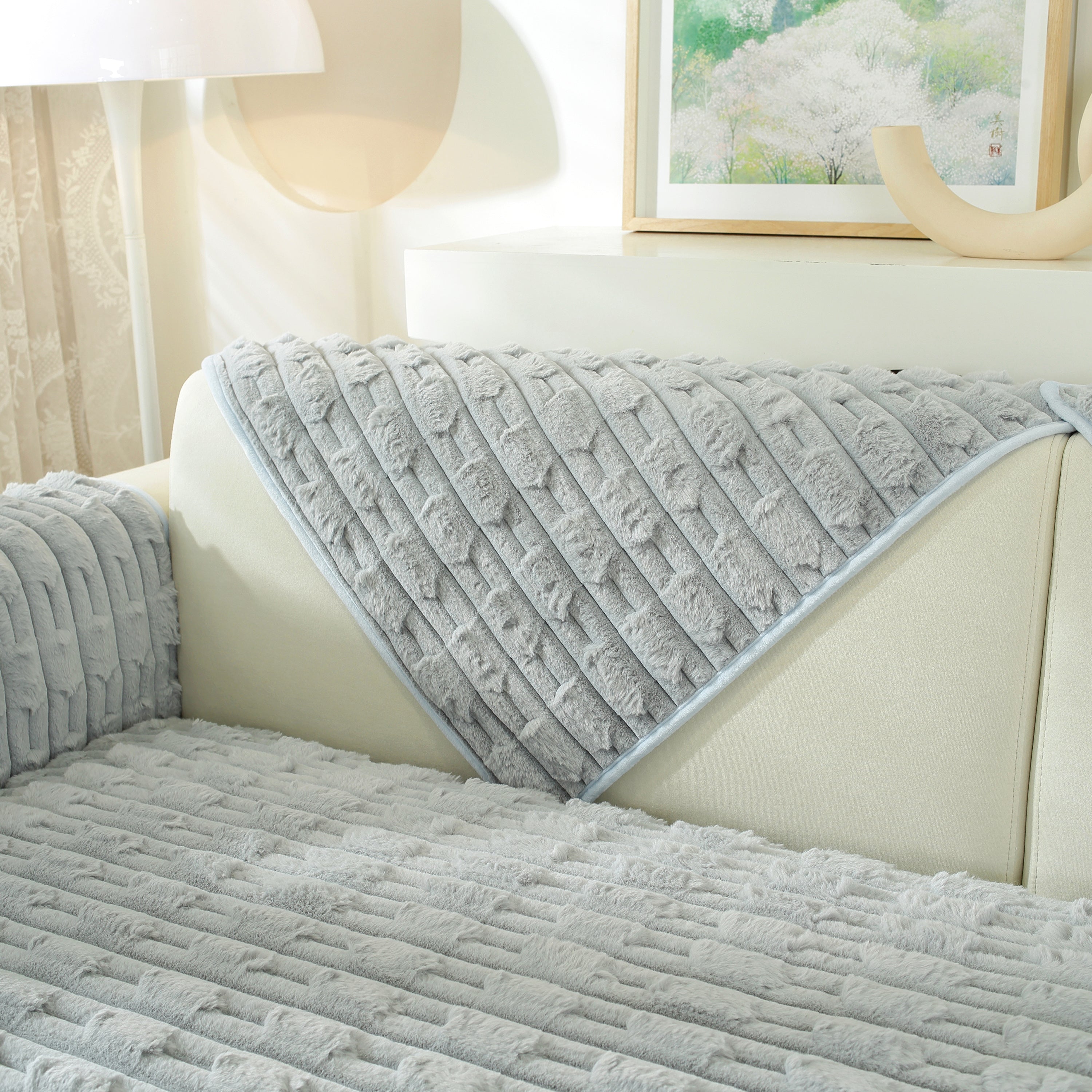 Bamboo-style Sofa Towel, Faux Rabbit Fur Thickened Non-slip Seat Cushion Covers