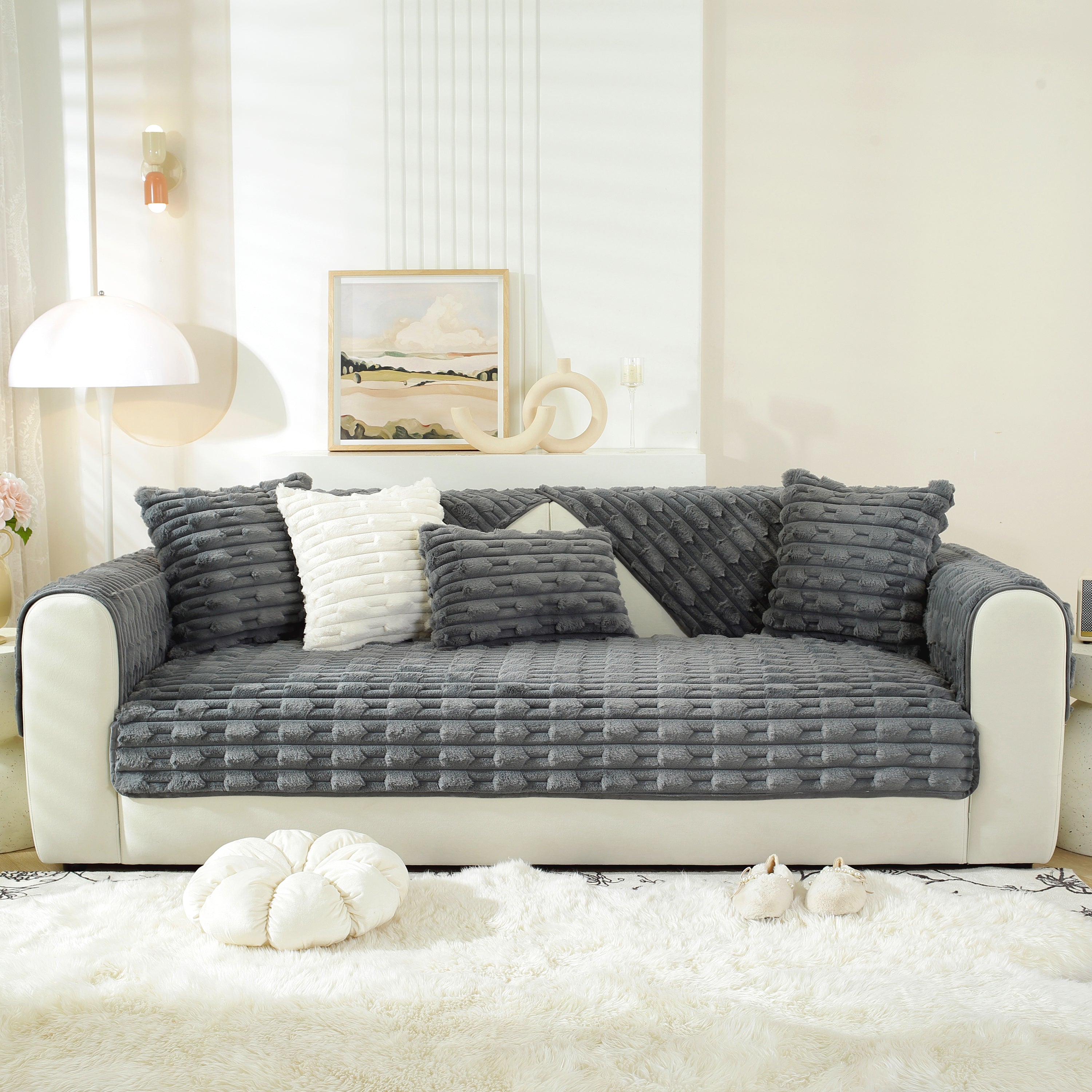 Bamboo-style Sofa Towel, Faux Rabbit Fur Thickened Non-slip Seat Cushion Covers