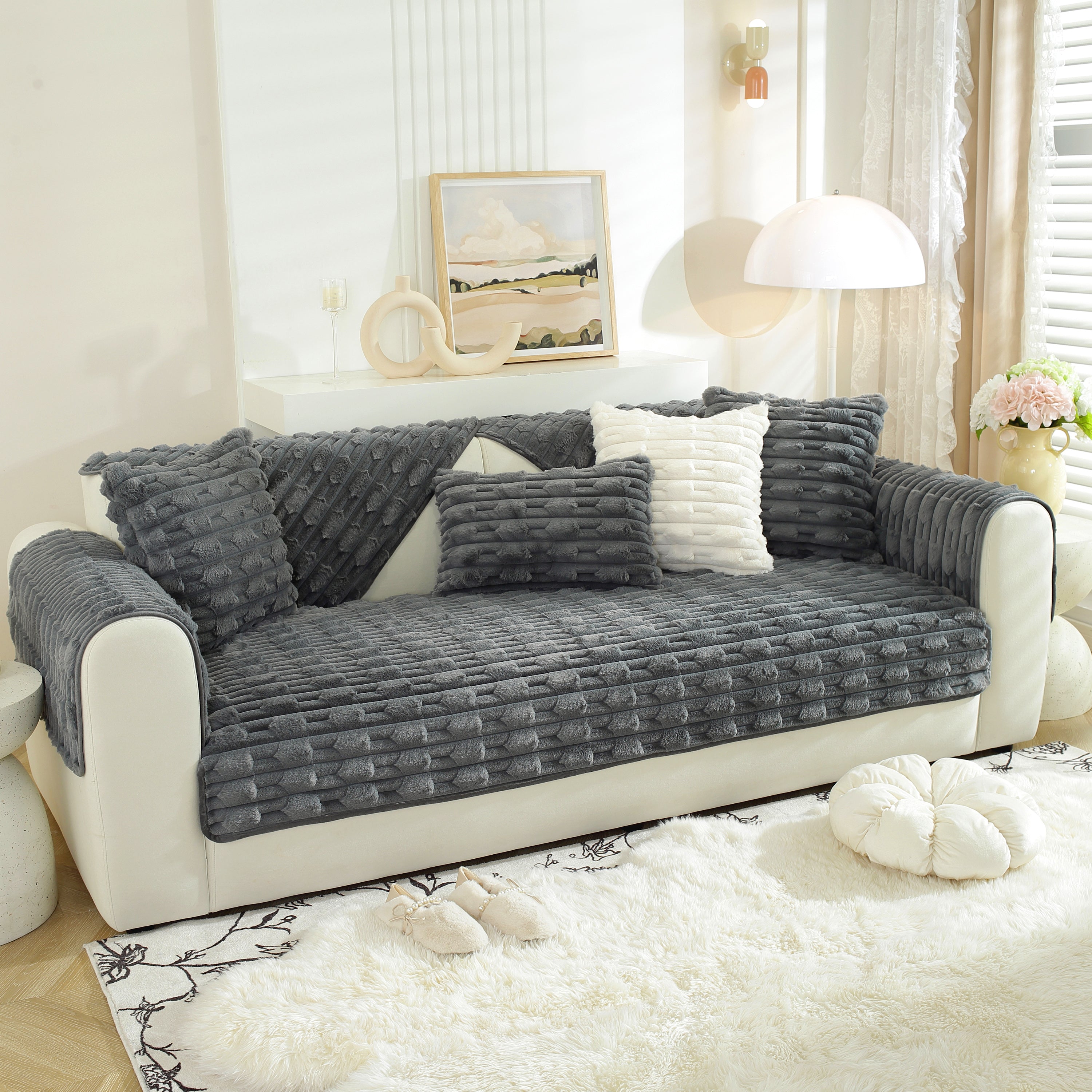 Bamboo-style Sofa Towel, Faux Rabbit Fur Thickened Non-slip Seat Cushion Covers