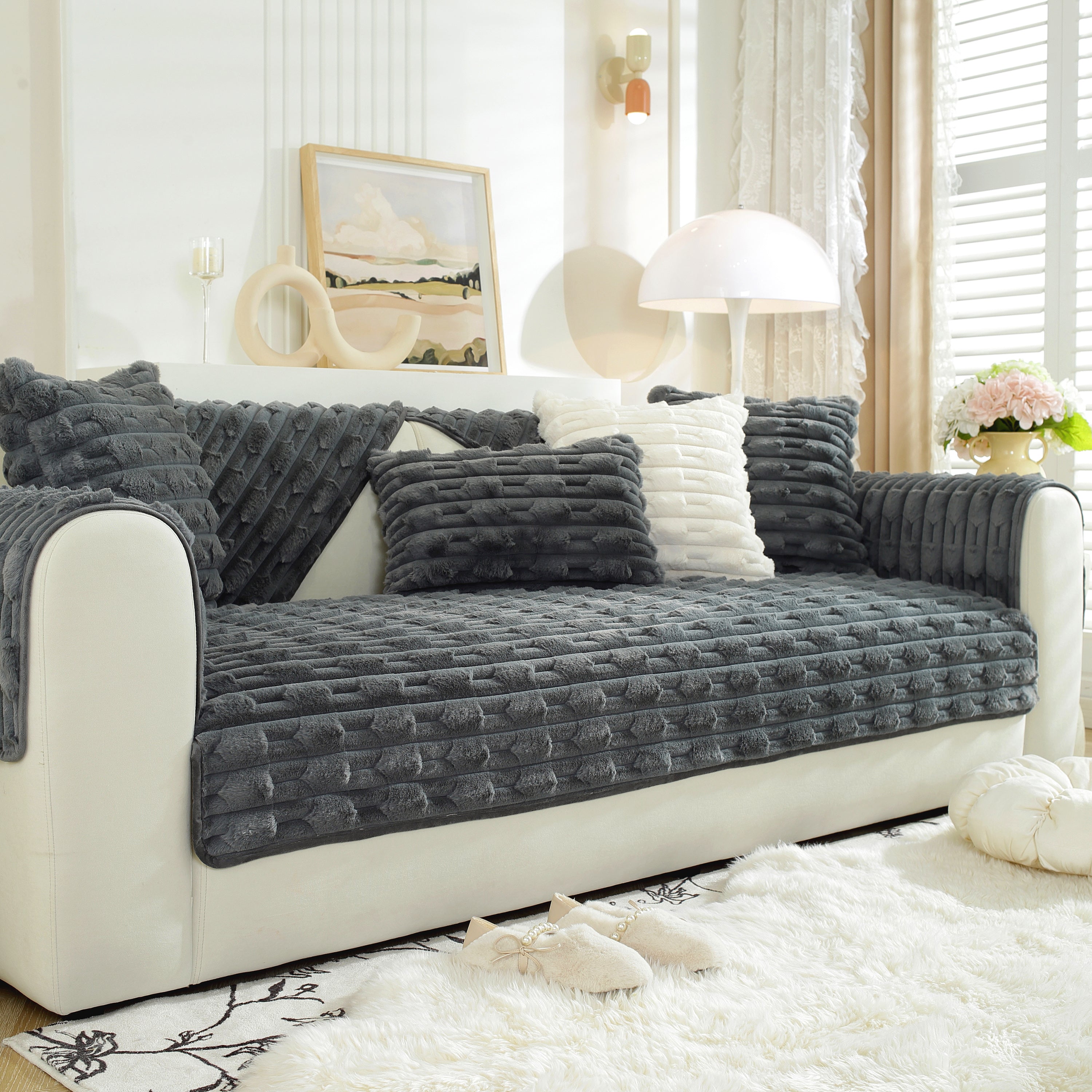 Bamboo-style Sofa Towel, Faux Rabbit Fur Thickened Non-slip Seat Cushion Covers