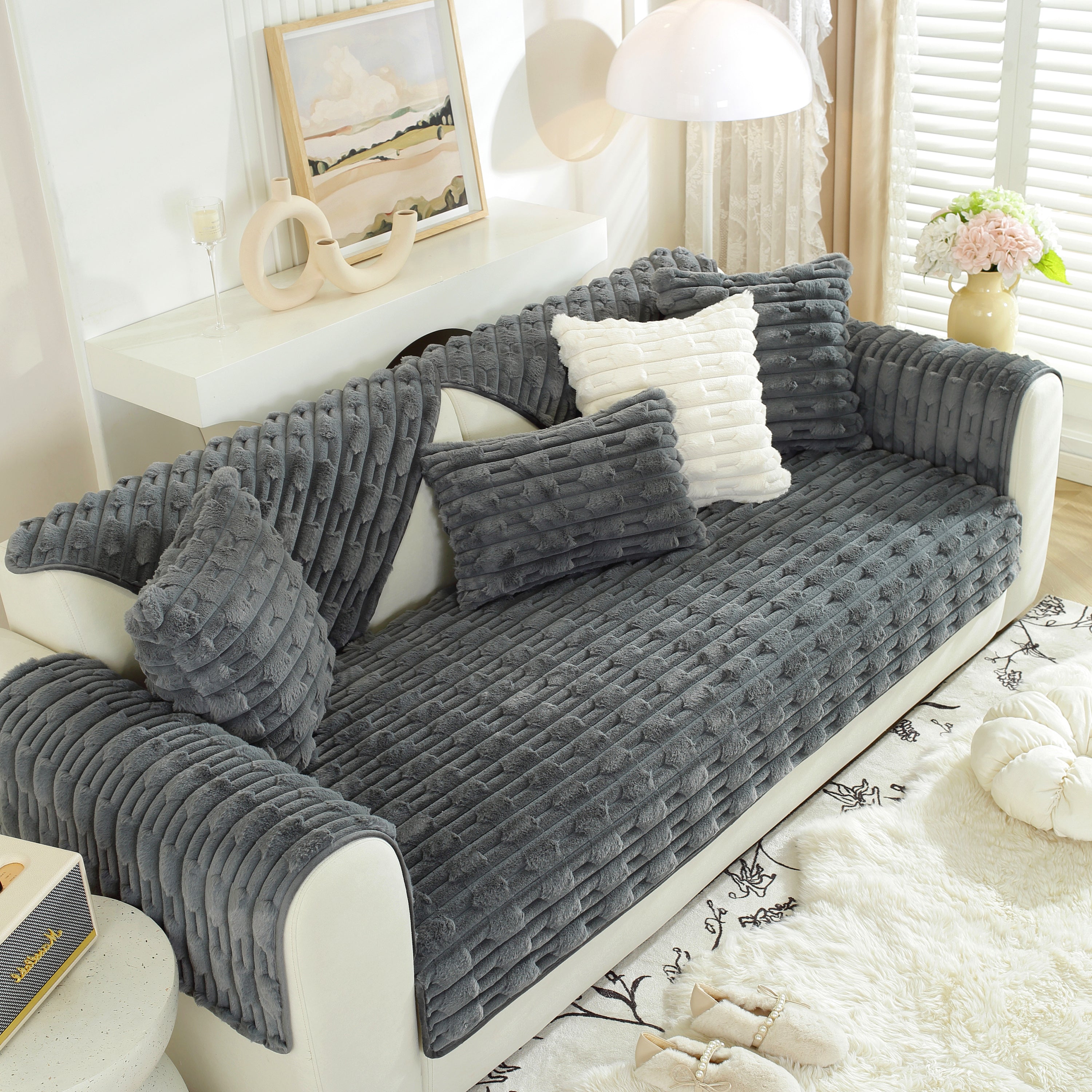 Bamboo-style Sofa Towel, Faux Rabbit Fur Thickened Non-slip Seat Cushion Covers