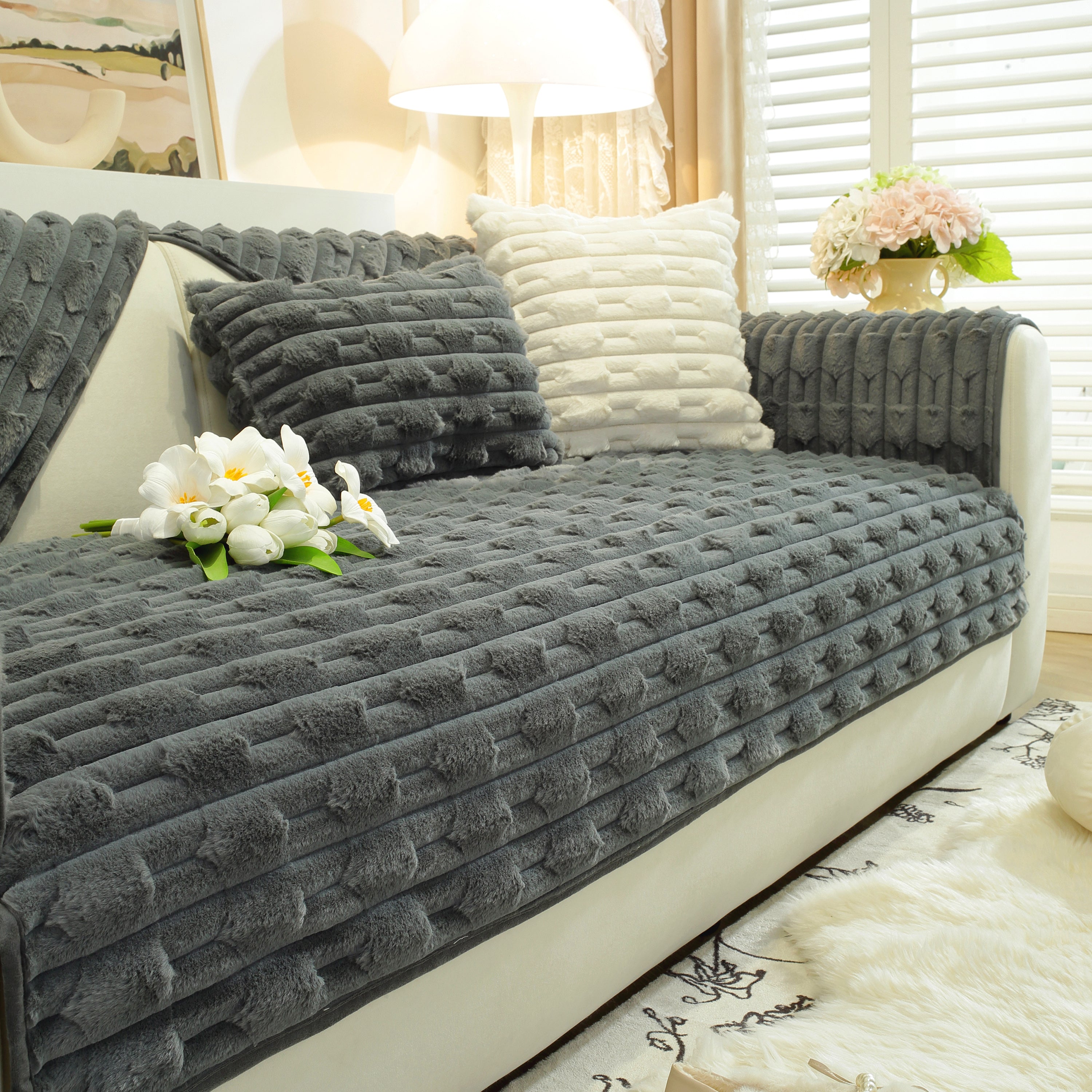 Bamboo-style Sofa Towel, Faux Rabbit Fur Thickened Non-slip Seat Cushion Covers
