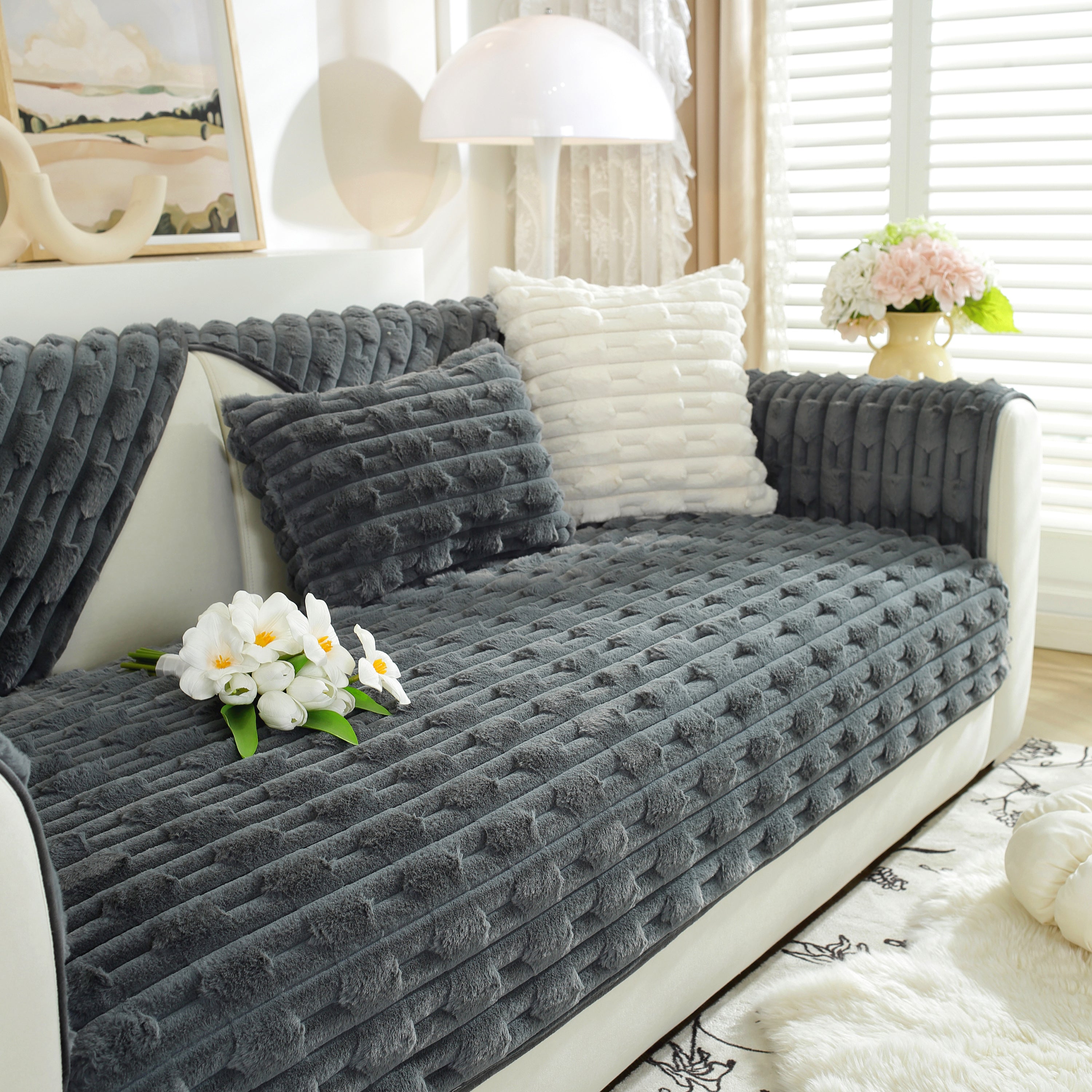 Bamboo-style Sofa Towel, Faux Rabbit Fur Thickened Non-slip Seat Cushion Covers