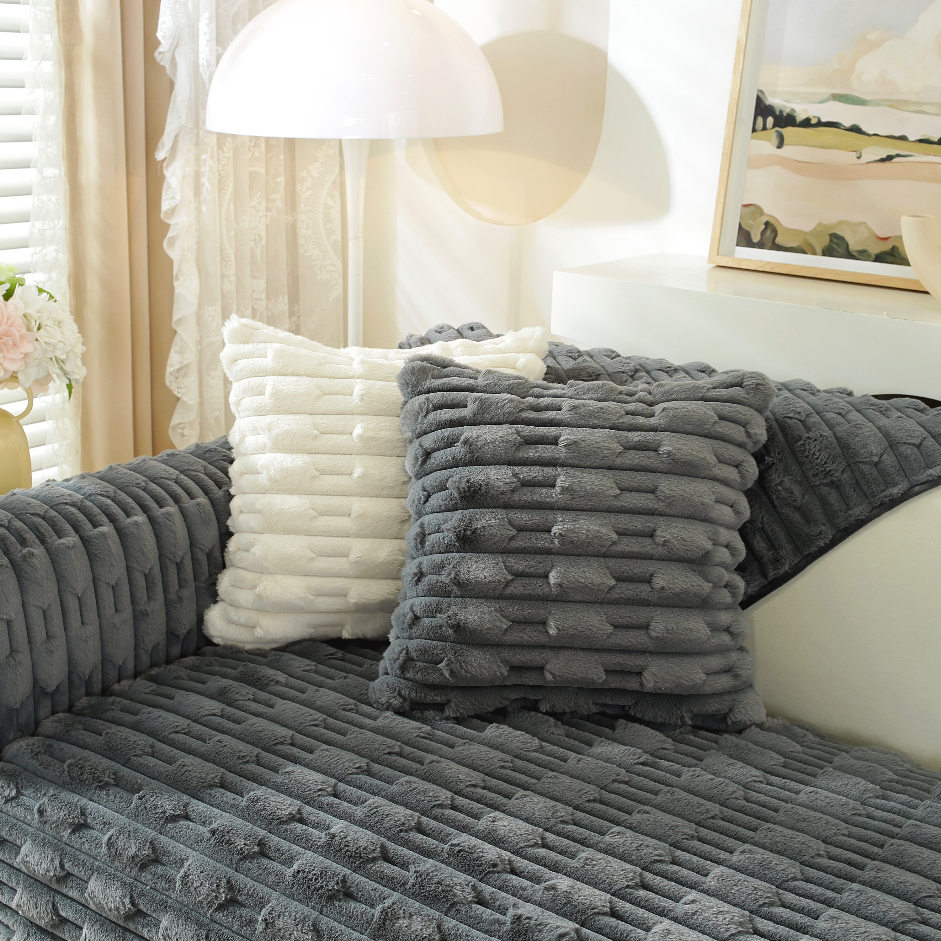 Bamboo-style Sofa Towel, Faux Rabbit Fur Thickened Non-slip Seat Cushion Covers