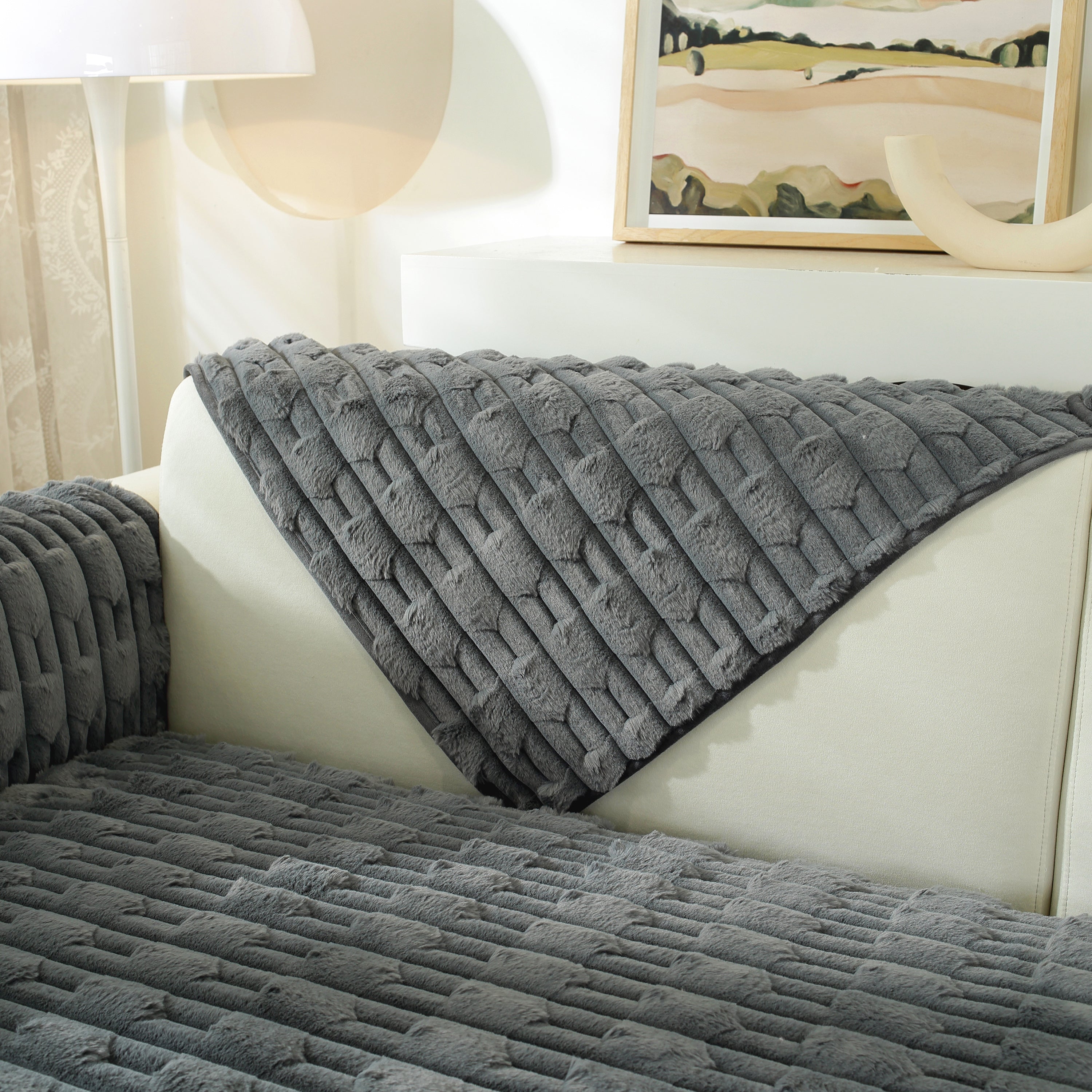 Bamboo-style Sofa Towel, Faux Rabbit Fur Thickened Non-slip Seat Cushion Covers