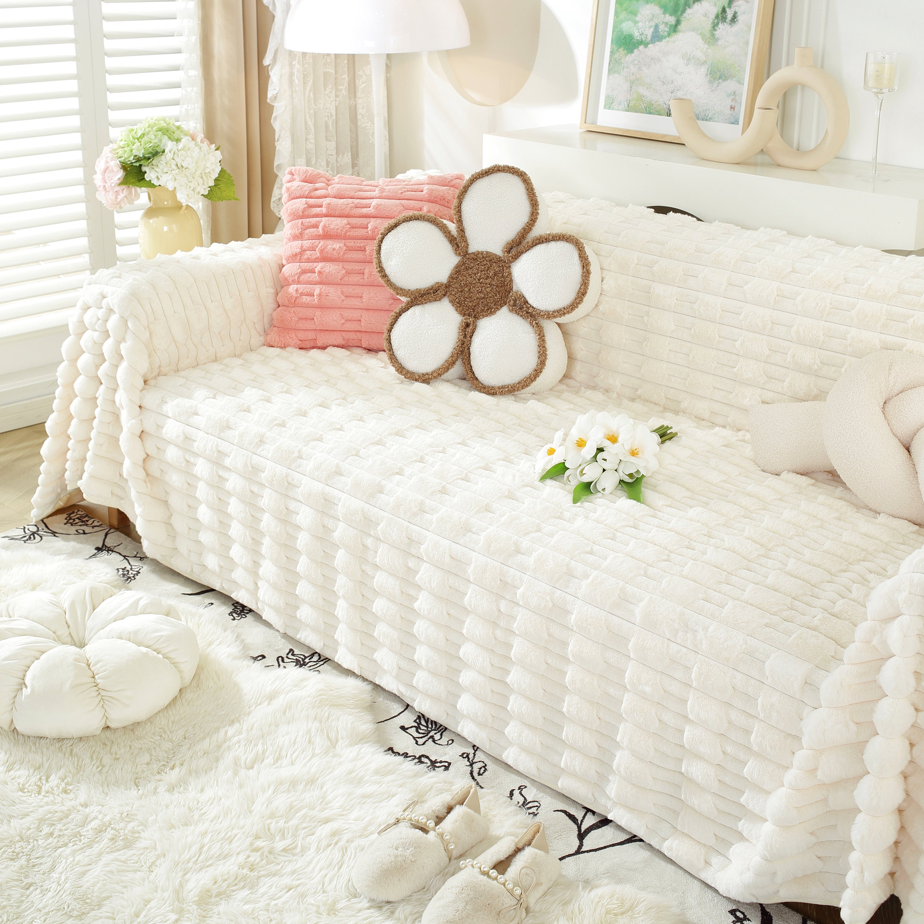 Fluffy Faux Fur Couch Cover Plush Sofa Throw, Warm & Stylish Sofa Protector