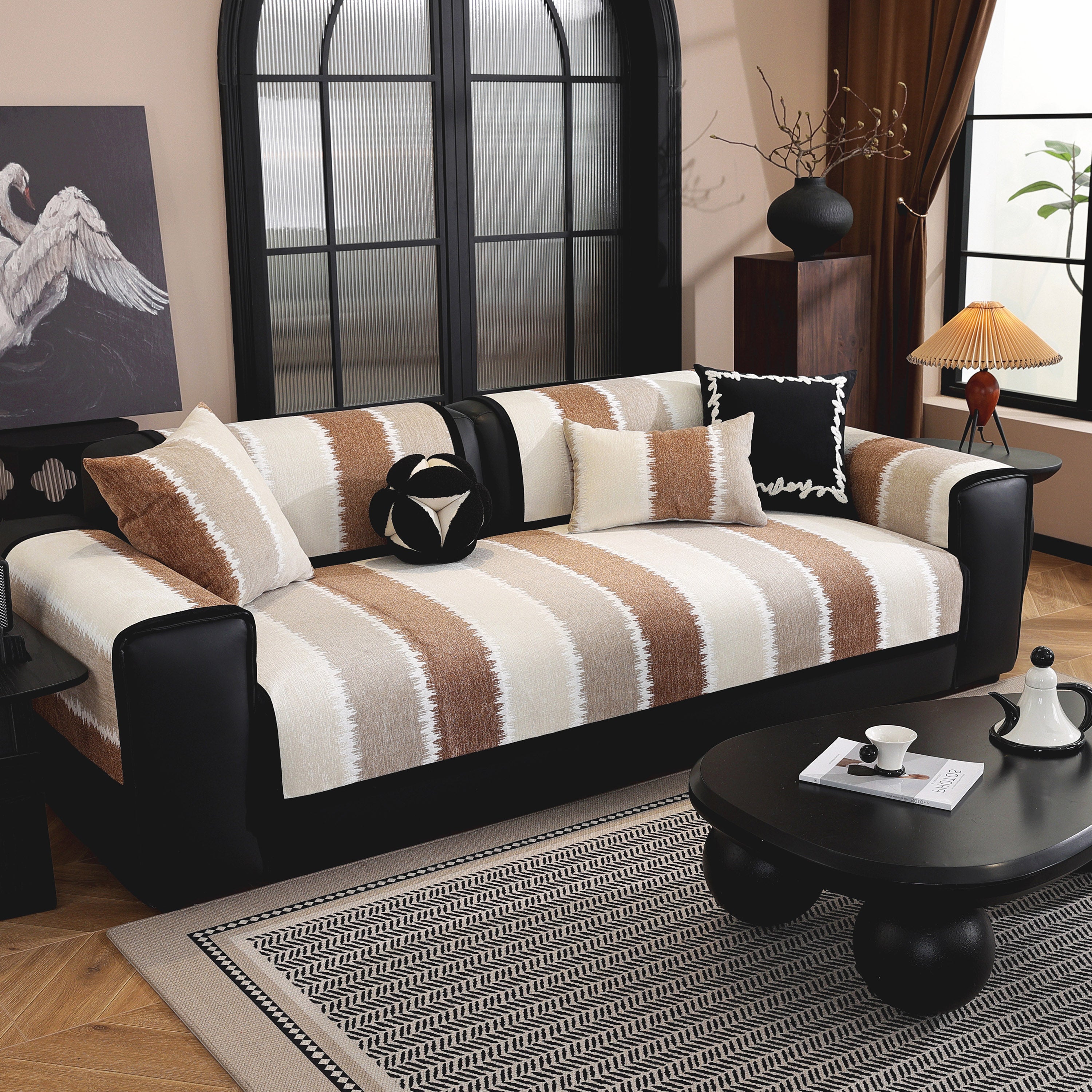 Striped Colorblock Non-slip Sectional Couch Covers, Chenille Sofa Protector Cover