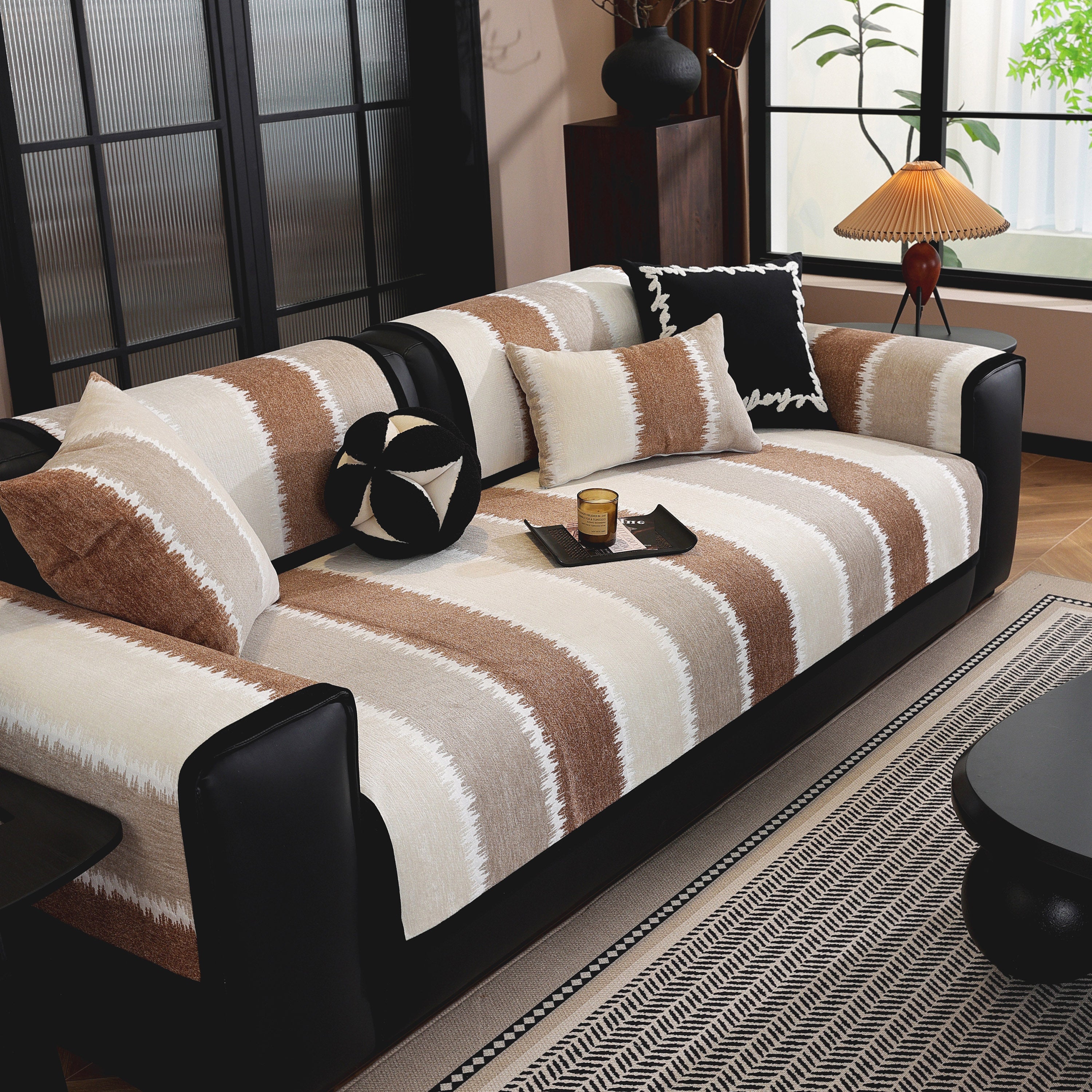 Striped Colorblock Non-slip Sectional Couch Covers, Chenille Sofa Protector Cover