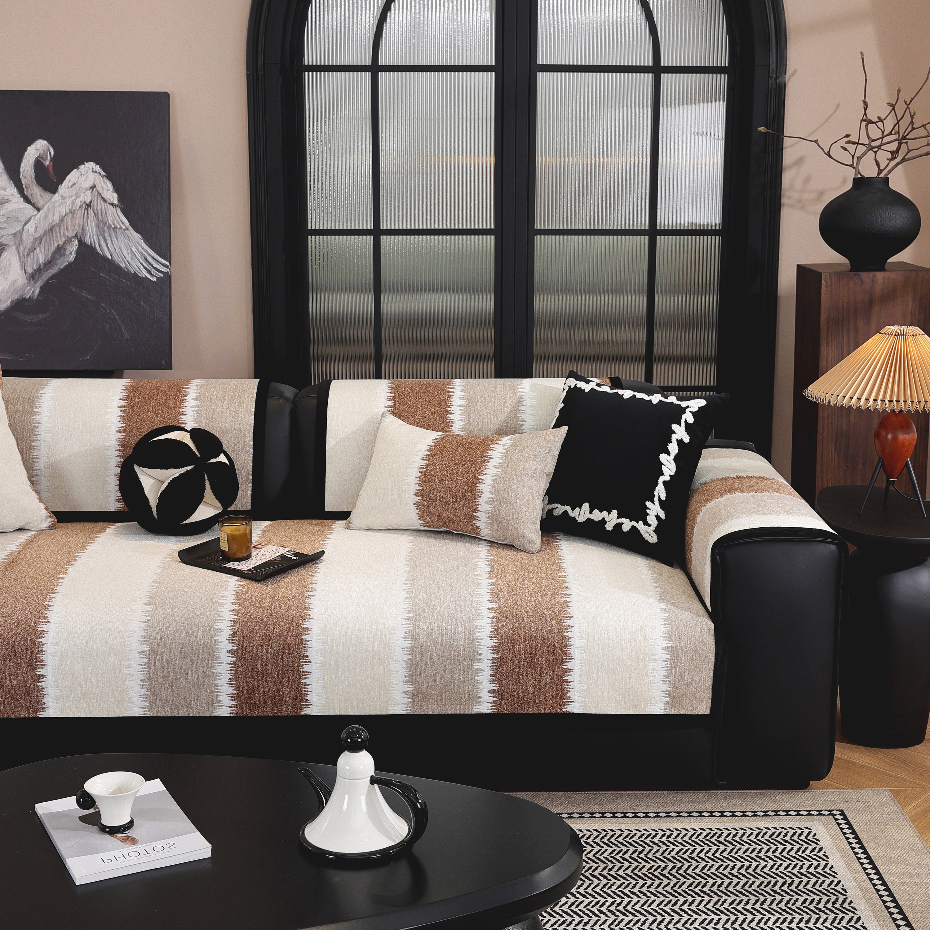 Striped Colorblock Non-slip Sectional Couch Covers, Chenille Sofa Protector Cover