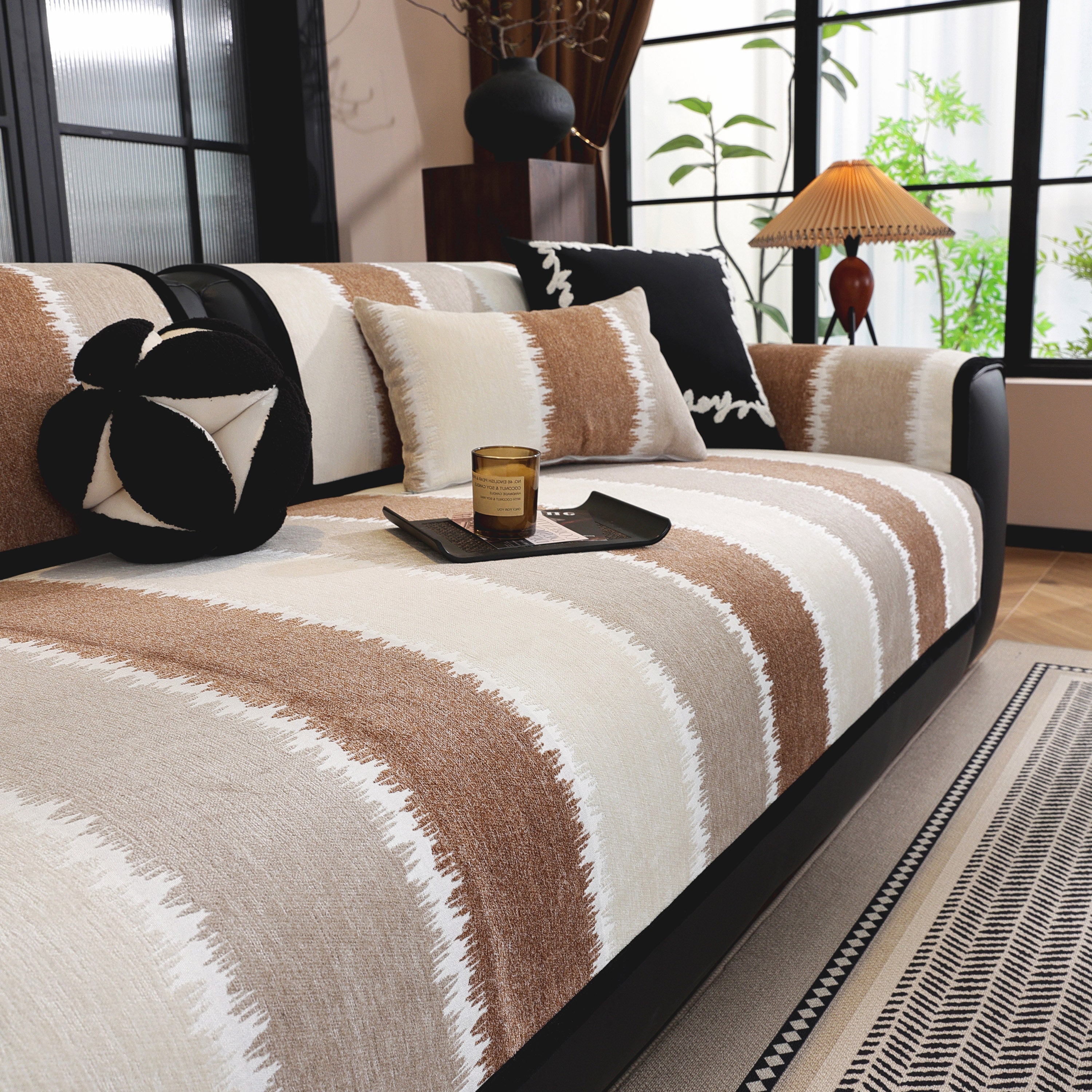 Striped Colorblock Non-slip Sectional Couch Covers, Chenille Sofa Protector Cover
