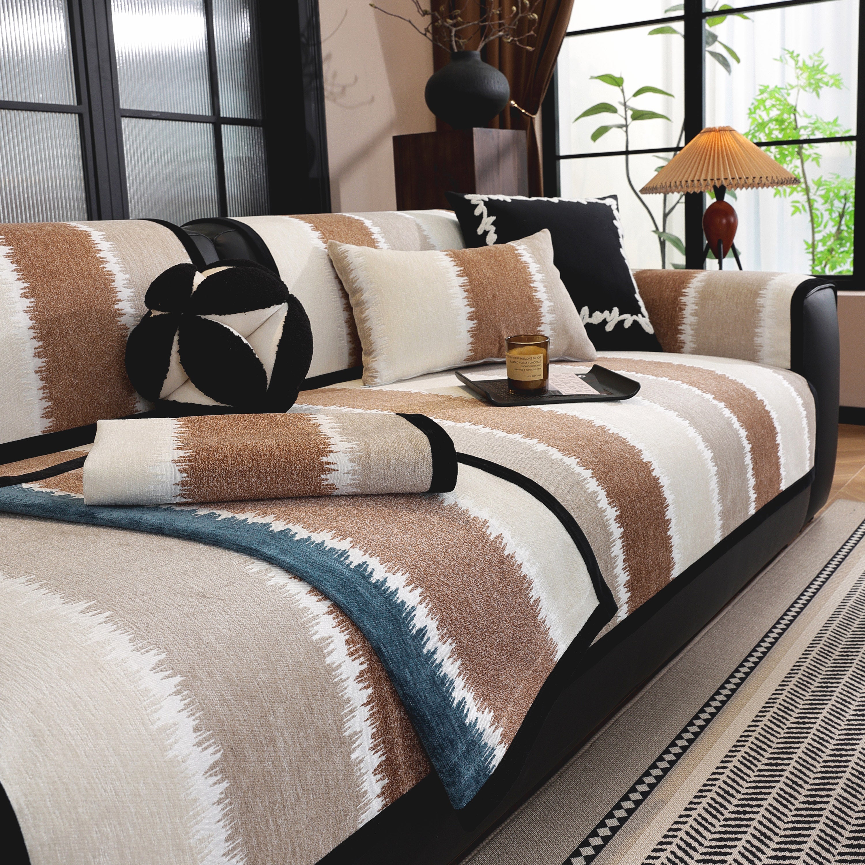 Striped Colorblock Non-slip Sectional Couch Covers, Chenille Sofa Protector Cover