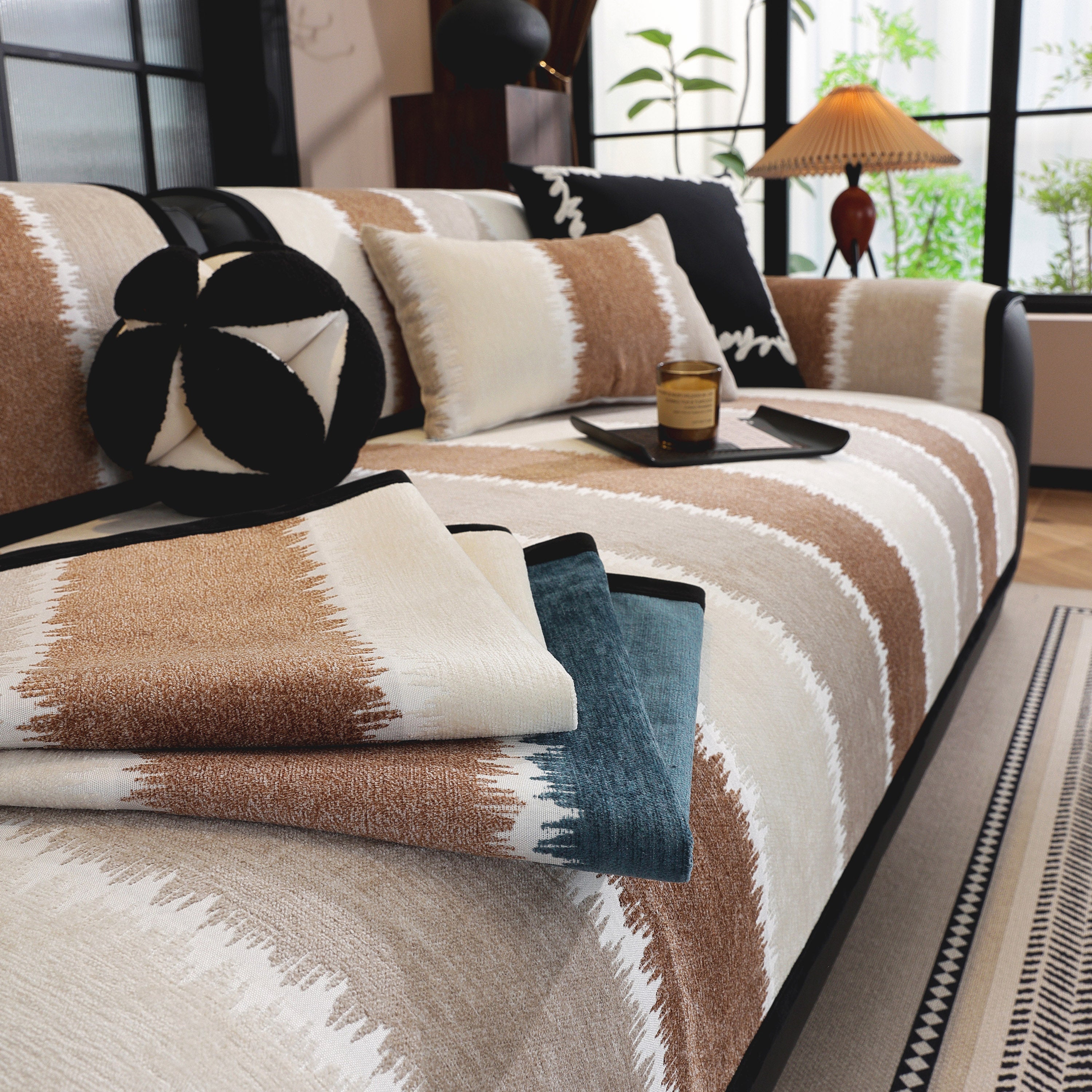 Striped Colorblock Non-slip Sectional Couch Covers, Chenille Sofa Protector Cover