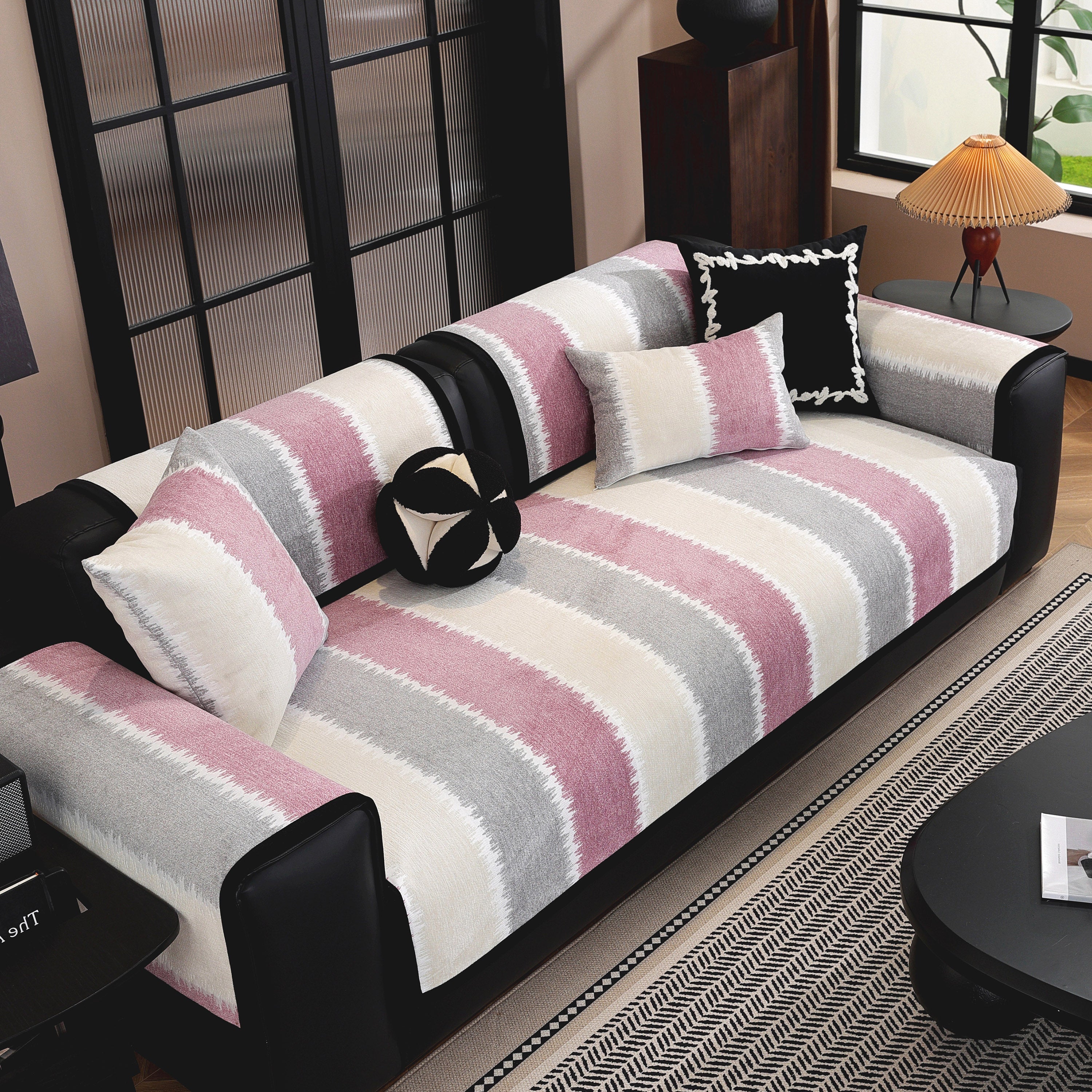 Striped Colorblock Non-slip Sectional Couch Covers, Chenille Sofa Protector Cover