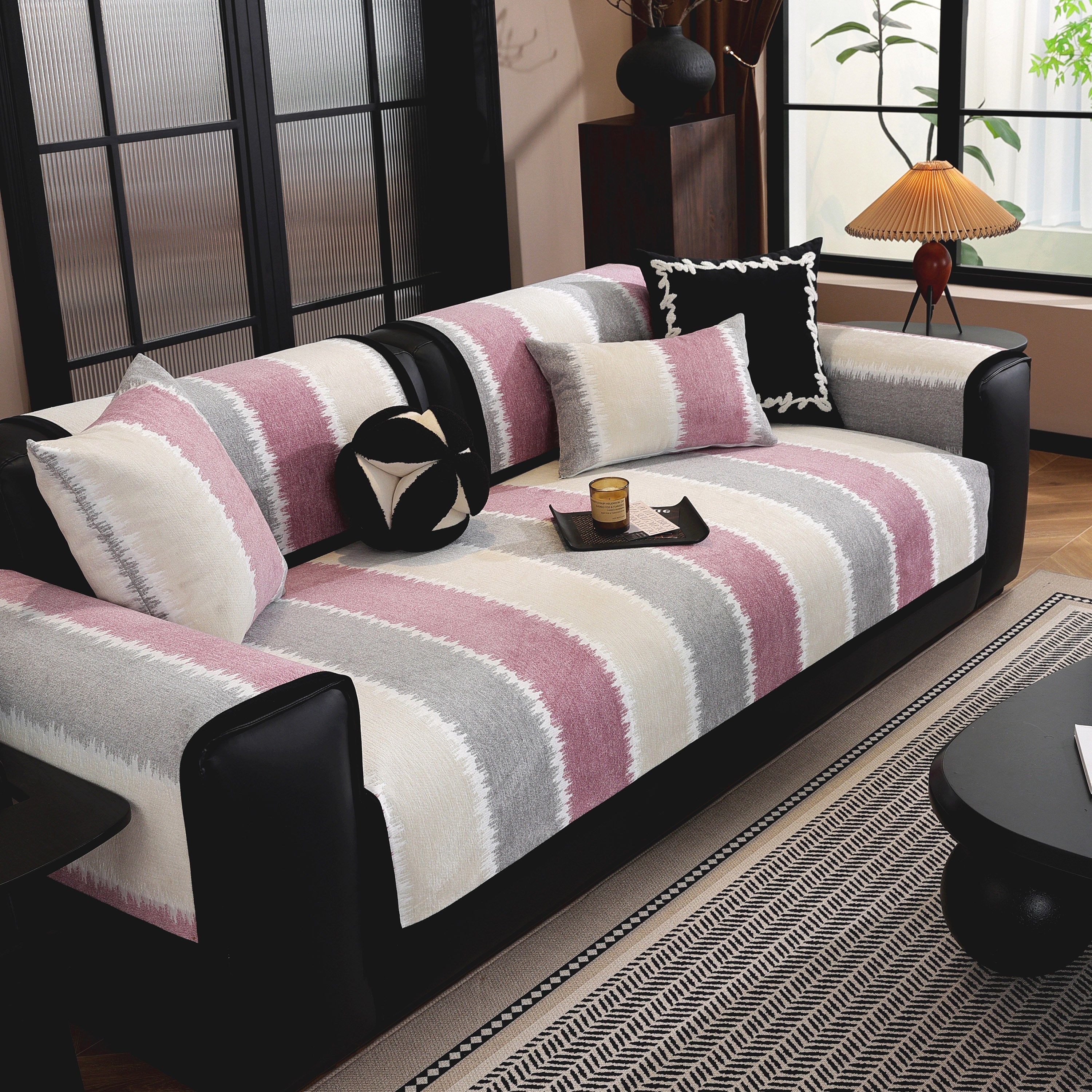 Striped Colorblock Non-slip Sectional Couch Covers, Chenille Sofa Protector Cover