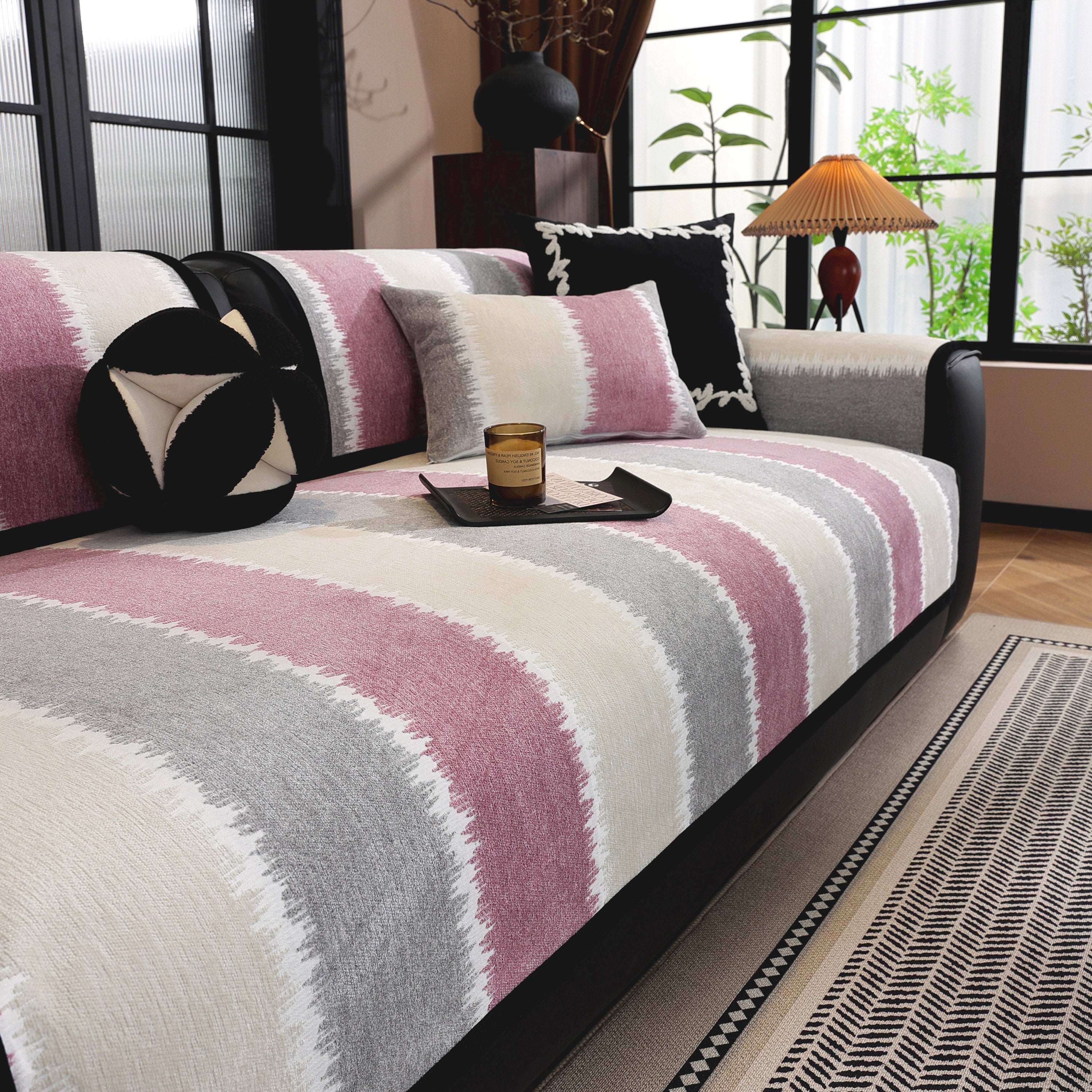 Striped Colorblock Non-slip Sectional Couch Covers, Chenille Sofa Protector Cover