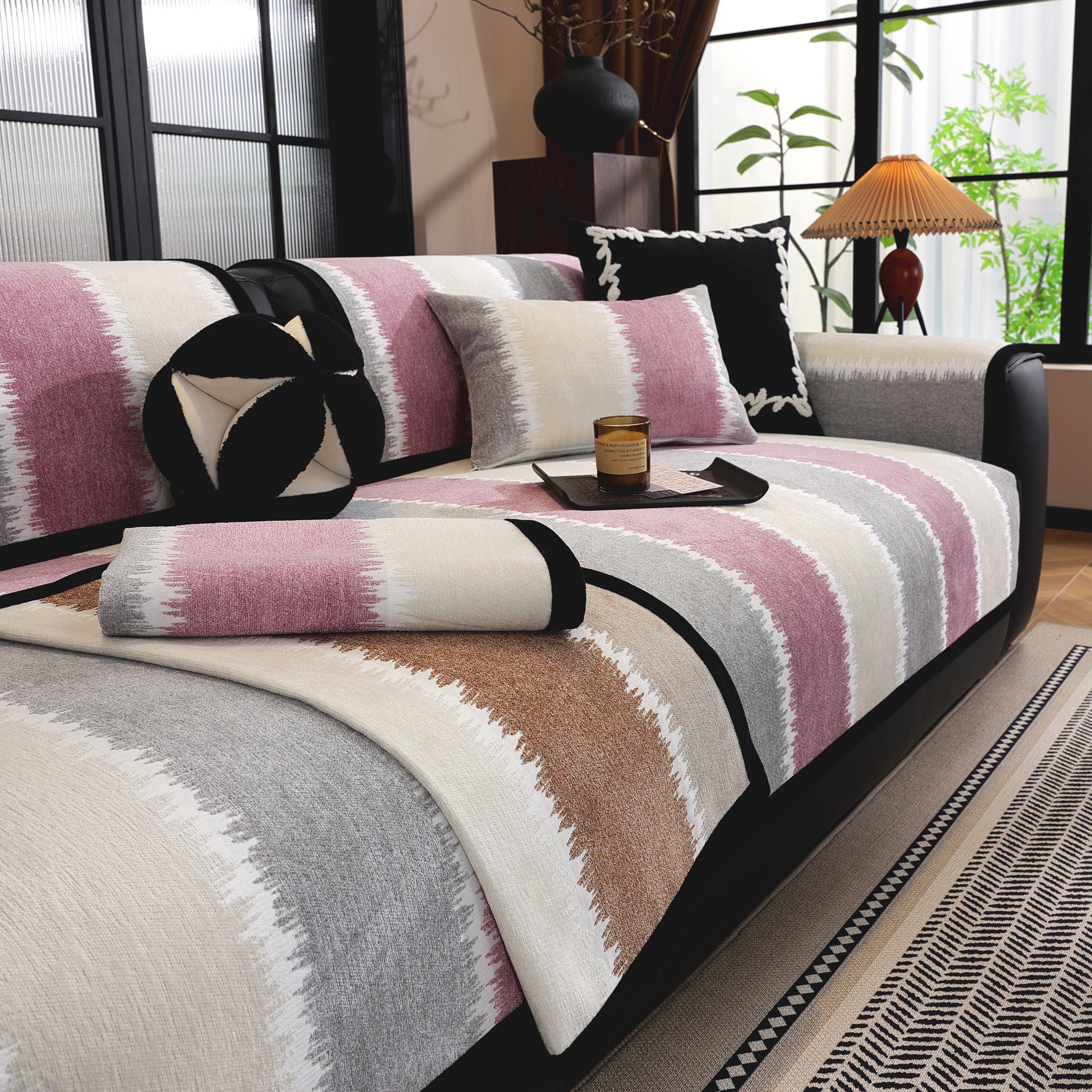 Striped Colorblock Non-slip Sectional Couch Covers, Chenille Sofa Protector Cover