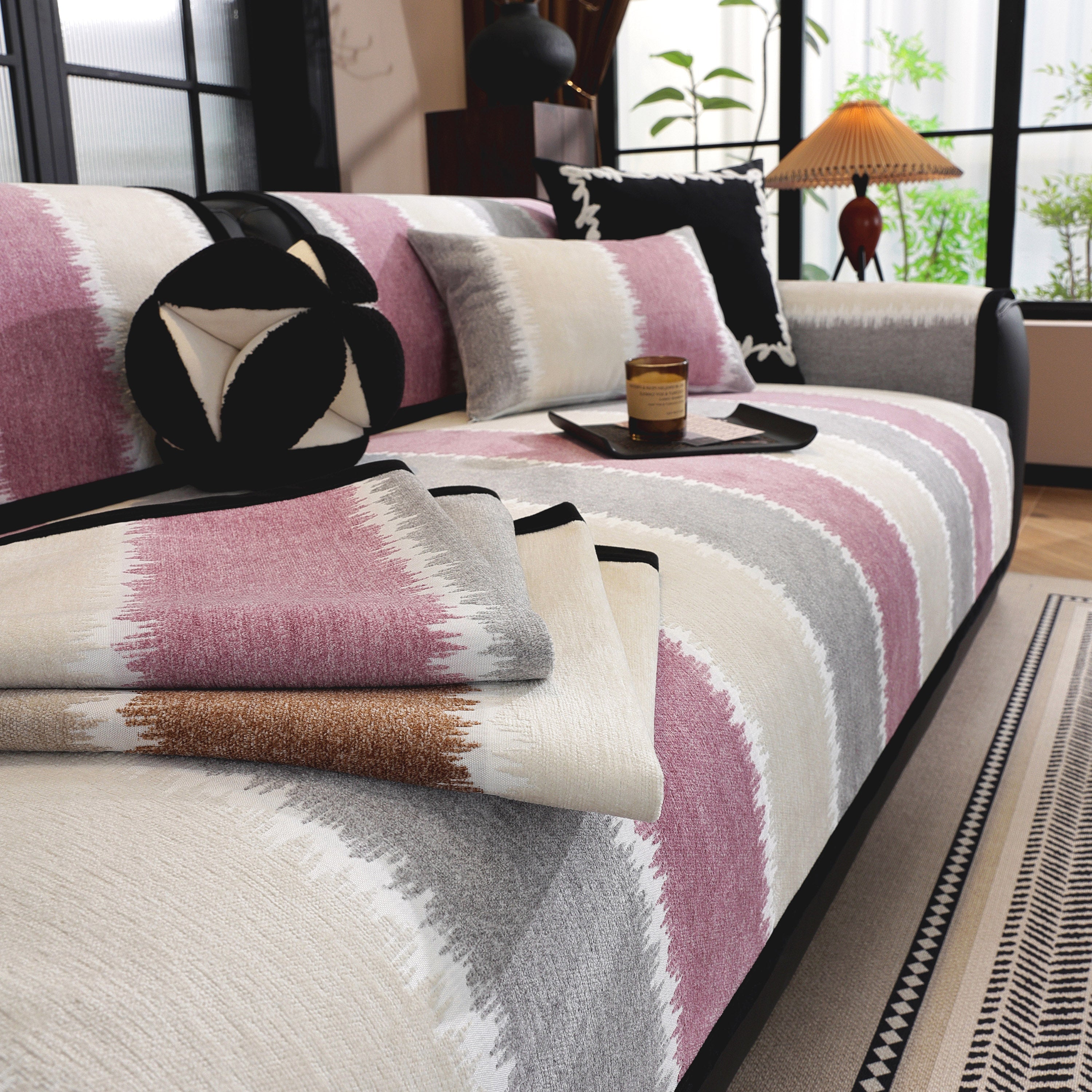 Striped Colorblock Non-slip Sectional Couch Covers, Chenille Sofa Protector Cover