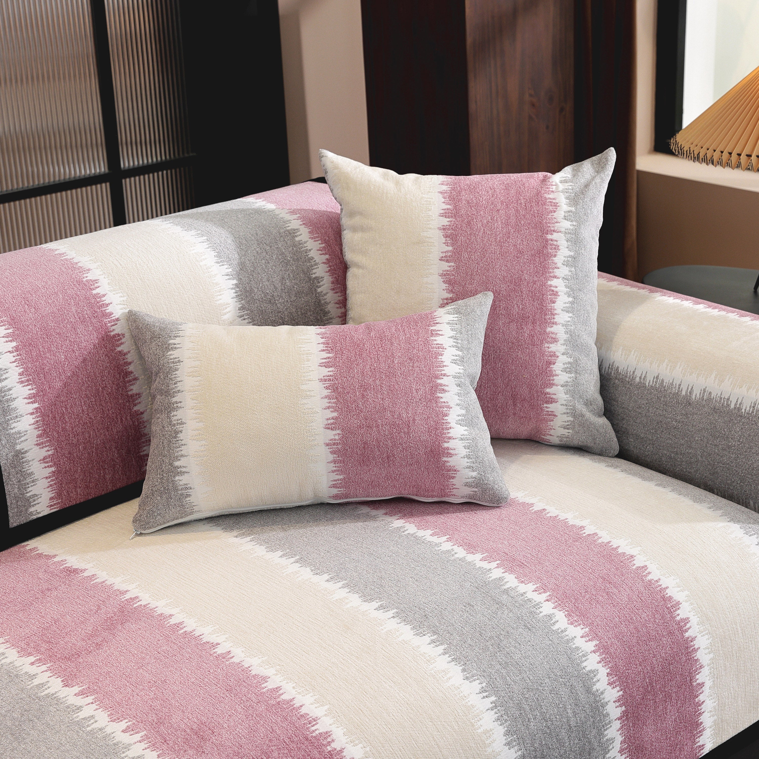 Striped Colorblock Non-slip Sectional Couch Covers, Chenille Sofa Protector Cover