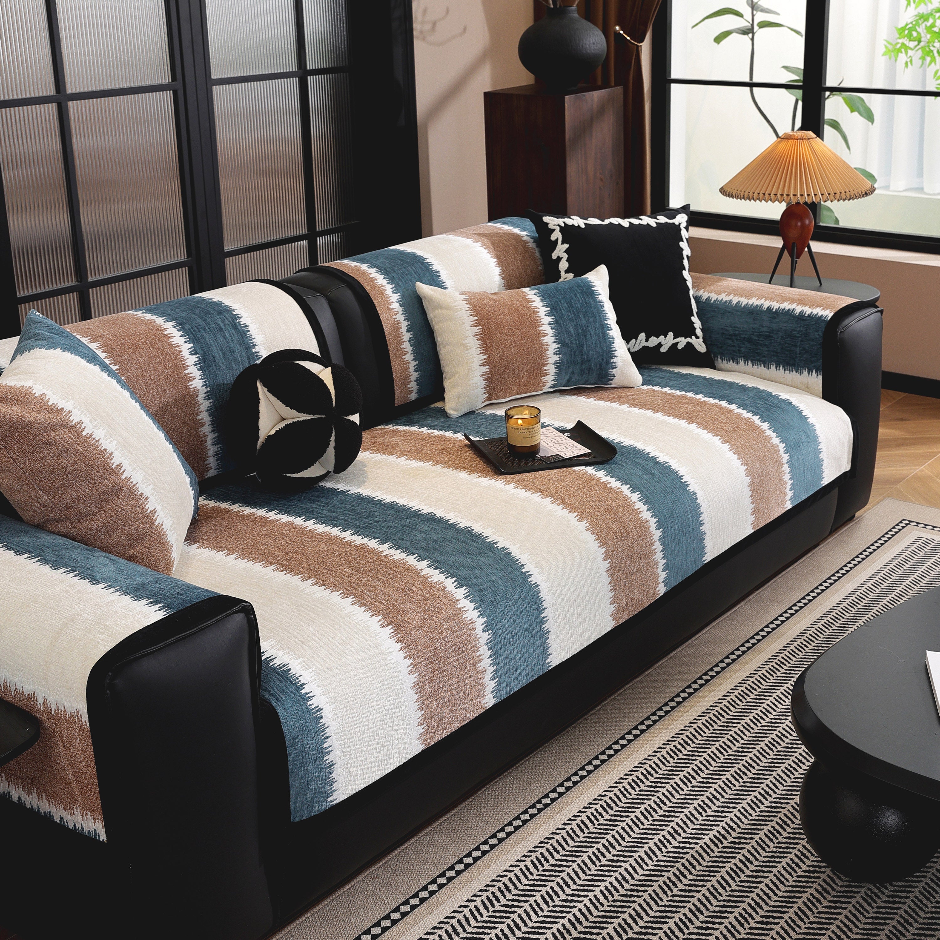 Striped Colorblock Non-slip Sectional Couch Covers, Chenille Sofa Protector Cover