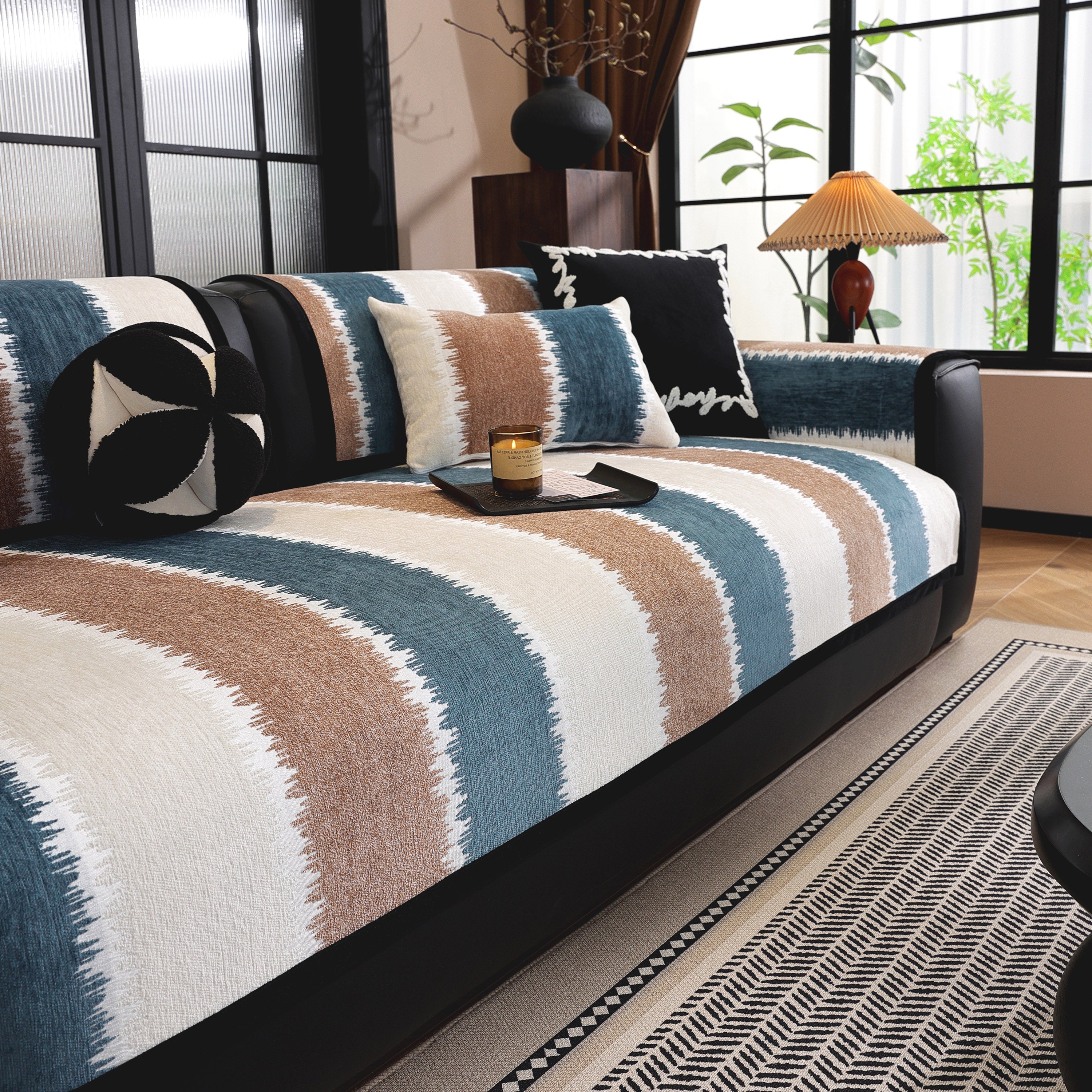 Striped Colorblock Non-slip Sectional Couch Covers, Chenille Sofa Protector Cover