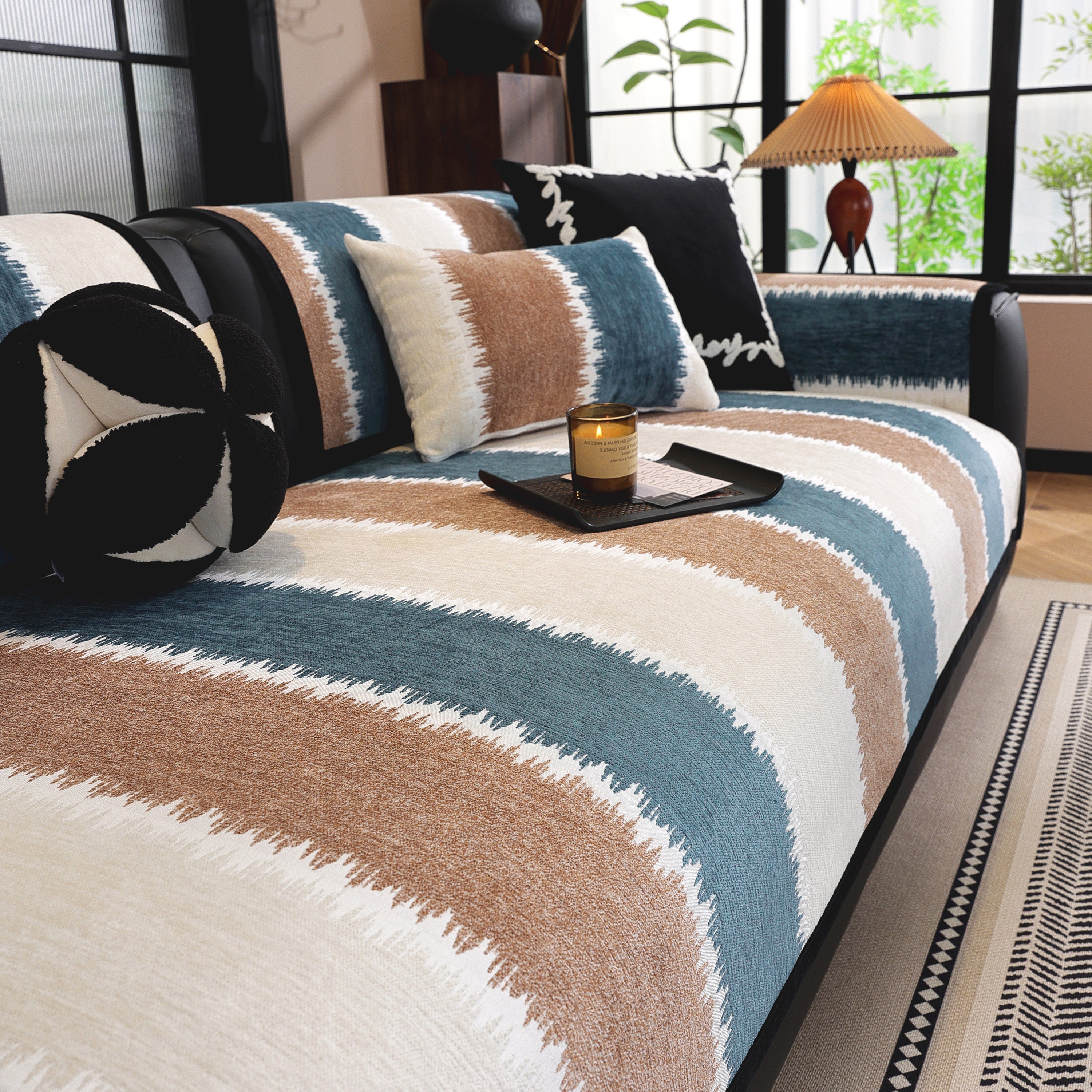 Striped Colorblock Non-slip Sectional Couch Covers, Chenille Sofa Protector Cover