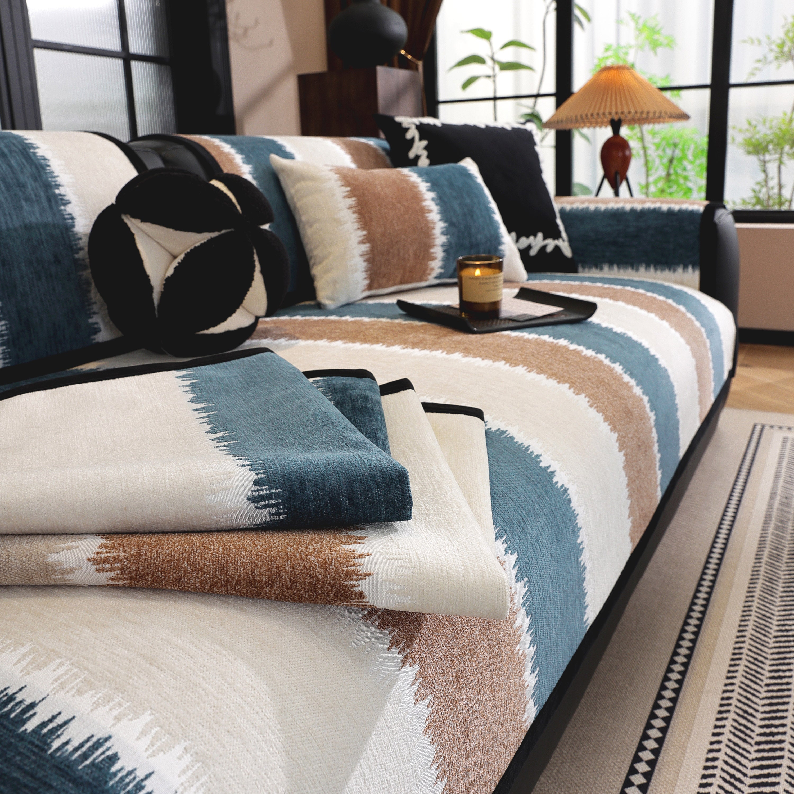 Striped Colorblock Non-slip Sectional Couch Covers, Chenille Sofa Protector Cover