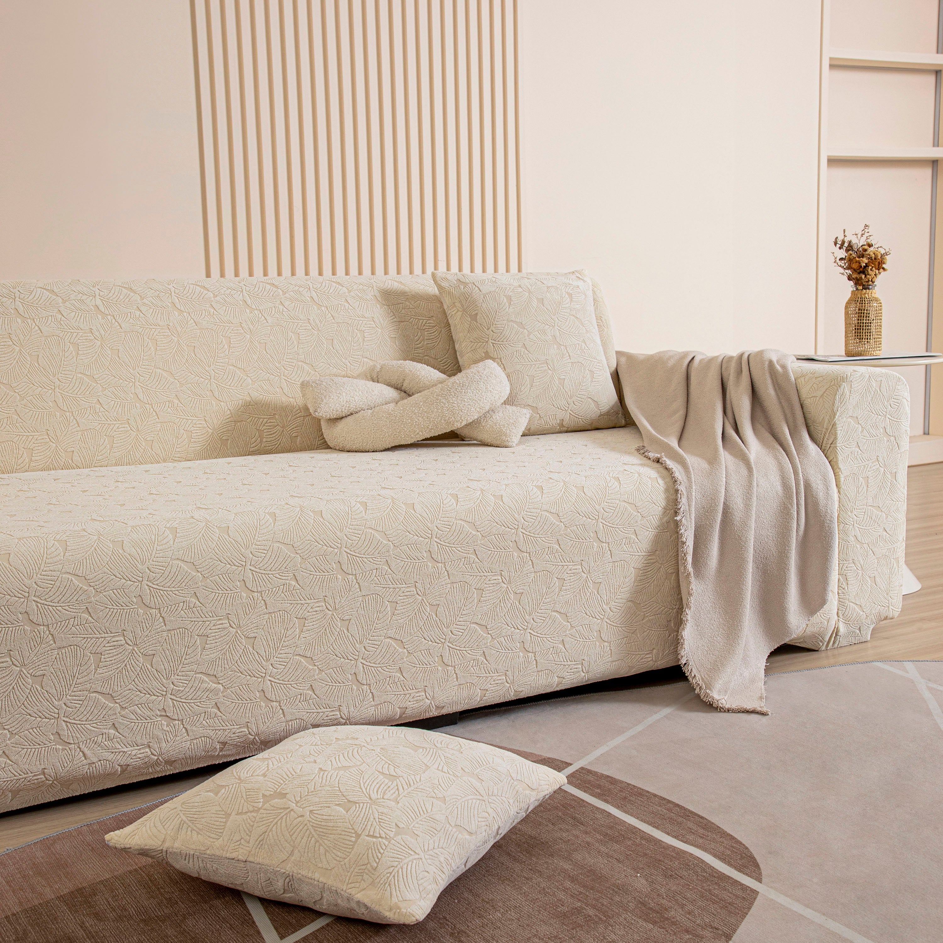 3d Jacquard Leaf Pattern Couch Slipcover, High Stretch Washable Textured Sofa Cover