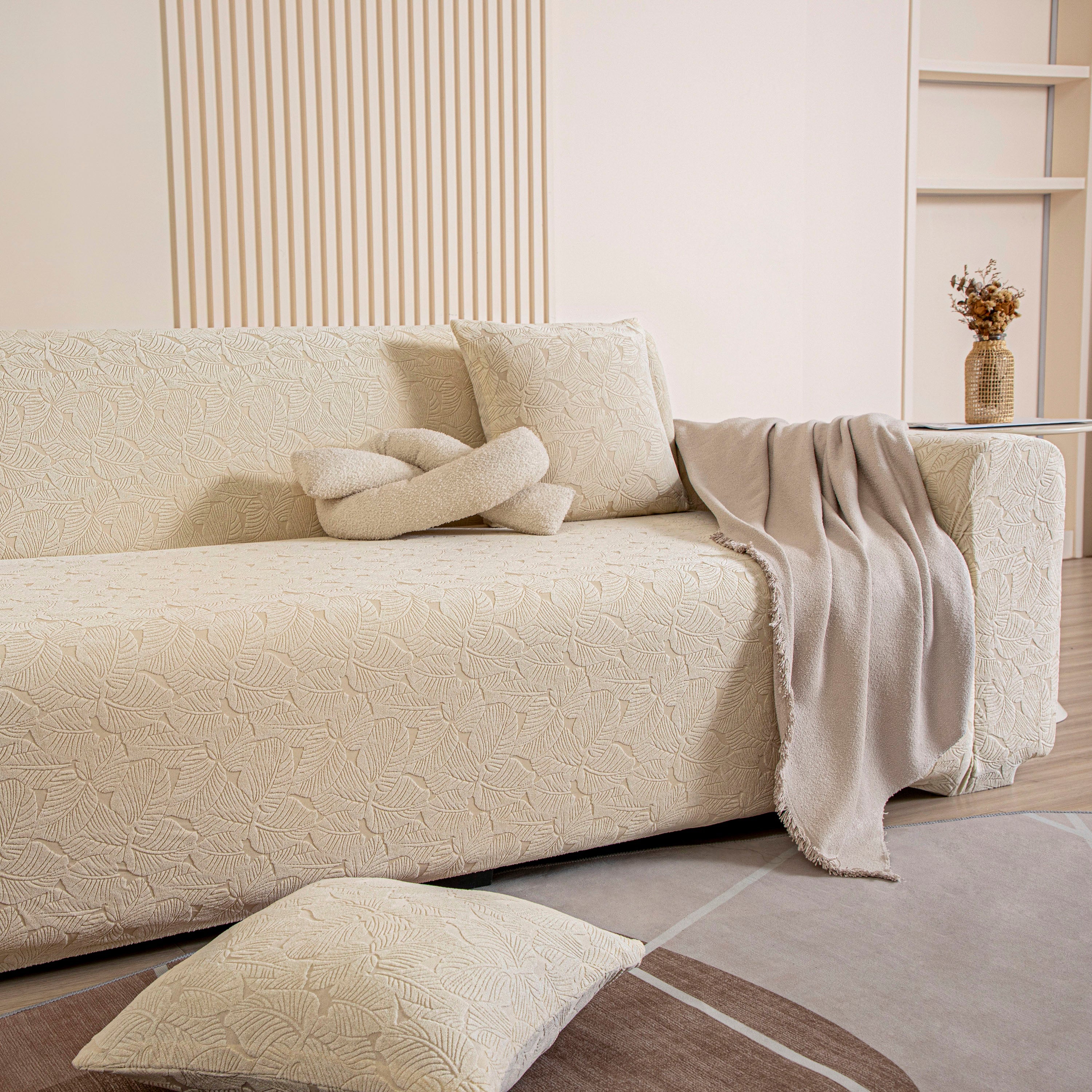 3d Jacquard Leaf Pattern Couch Slipcover, High Stretch Washable Textured Sofa Cover