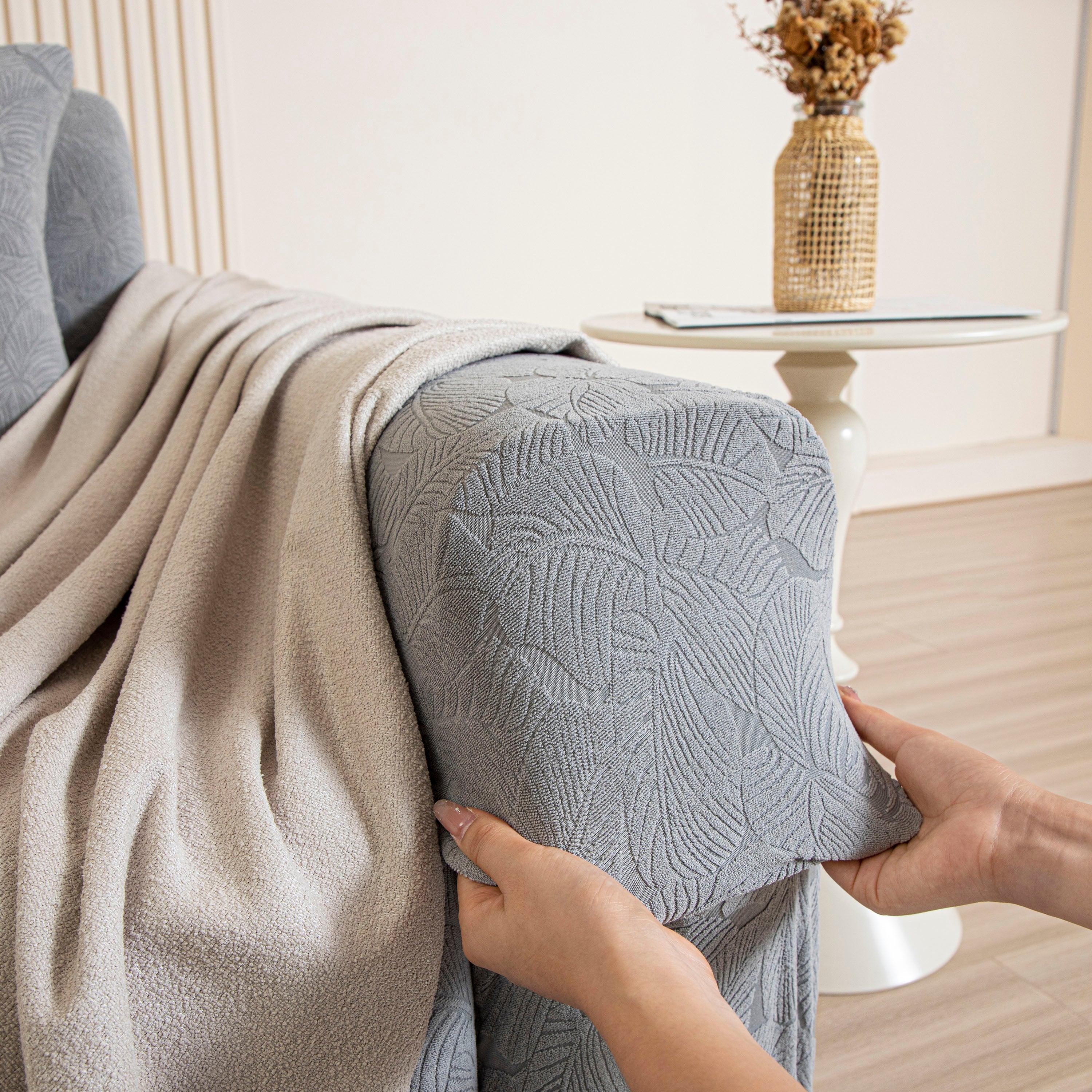 3d Jacquard Leaf Pattern Couch Slipcover, High Stretch Washable Textured Sofa Cover