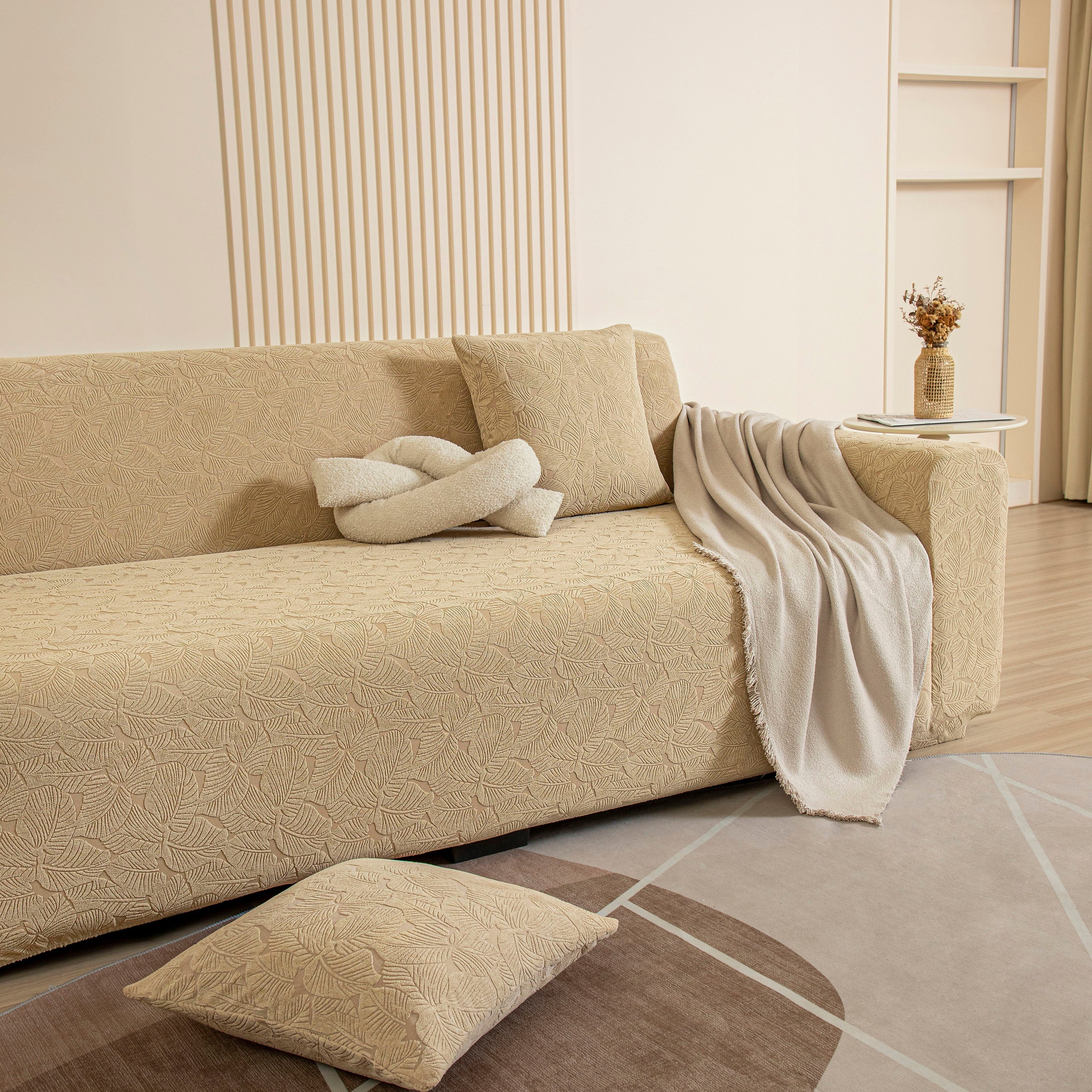 3d Jacquard Leaf Pattern Couch Slipcover, High Stretch Washable Textured Sofa Cover