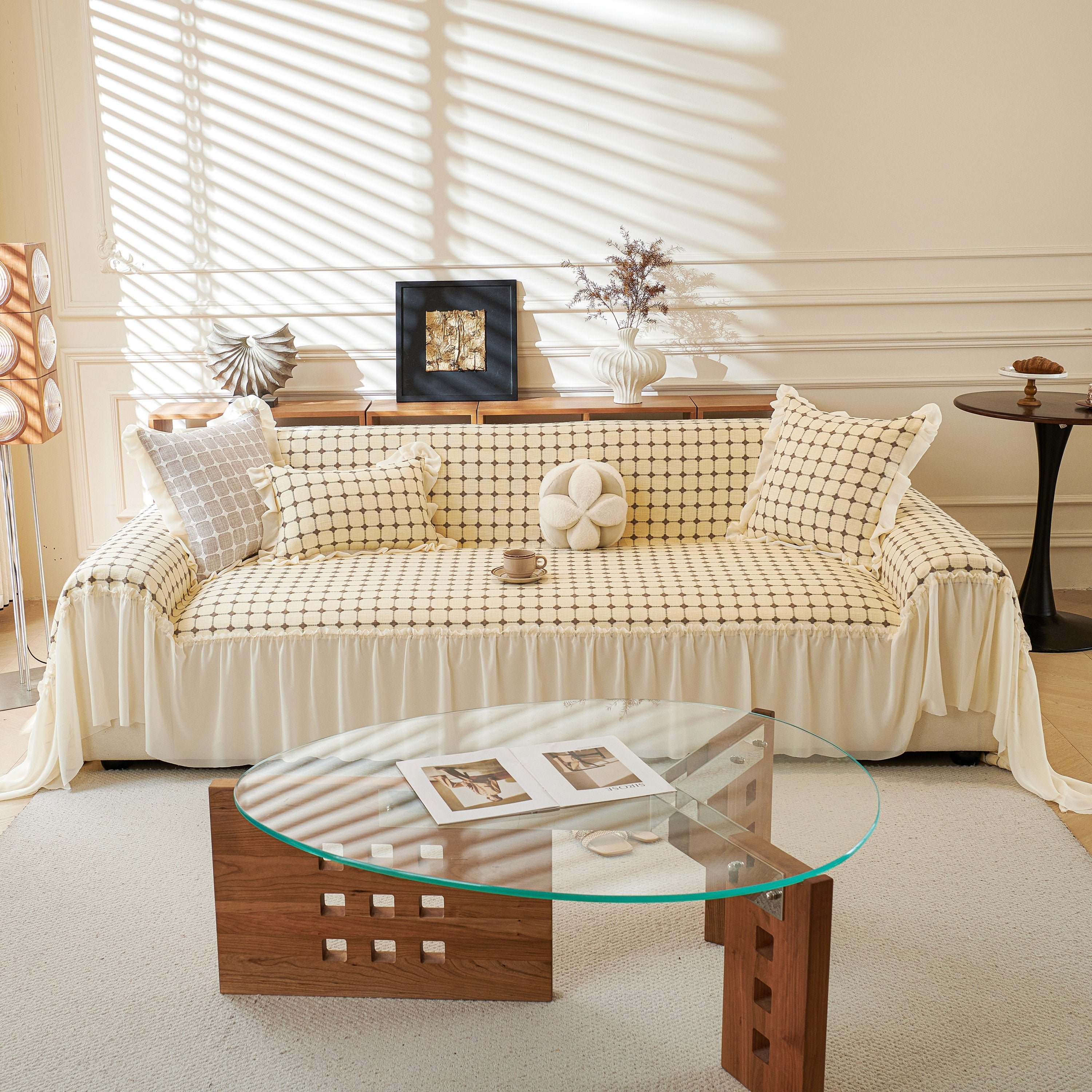 Grid Textured Sofa Cover With Sheer Ruffle Skirt, Pet-friendly Sofa Throw Slipcover