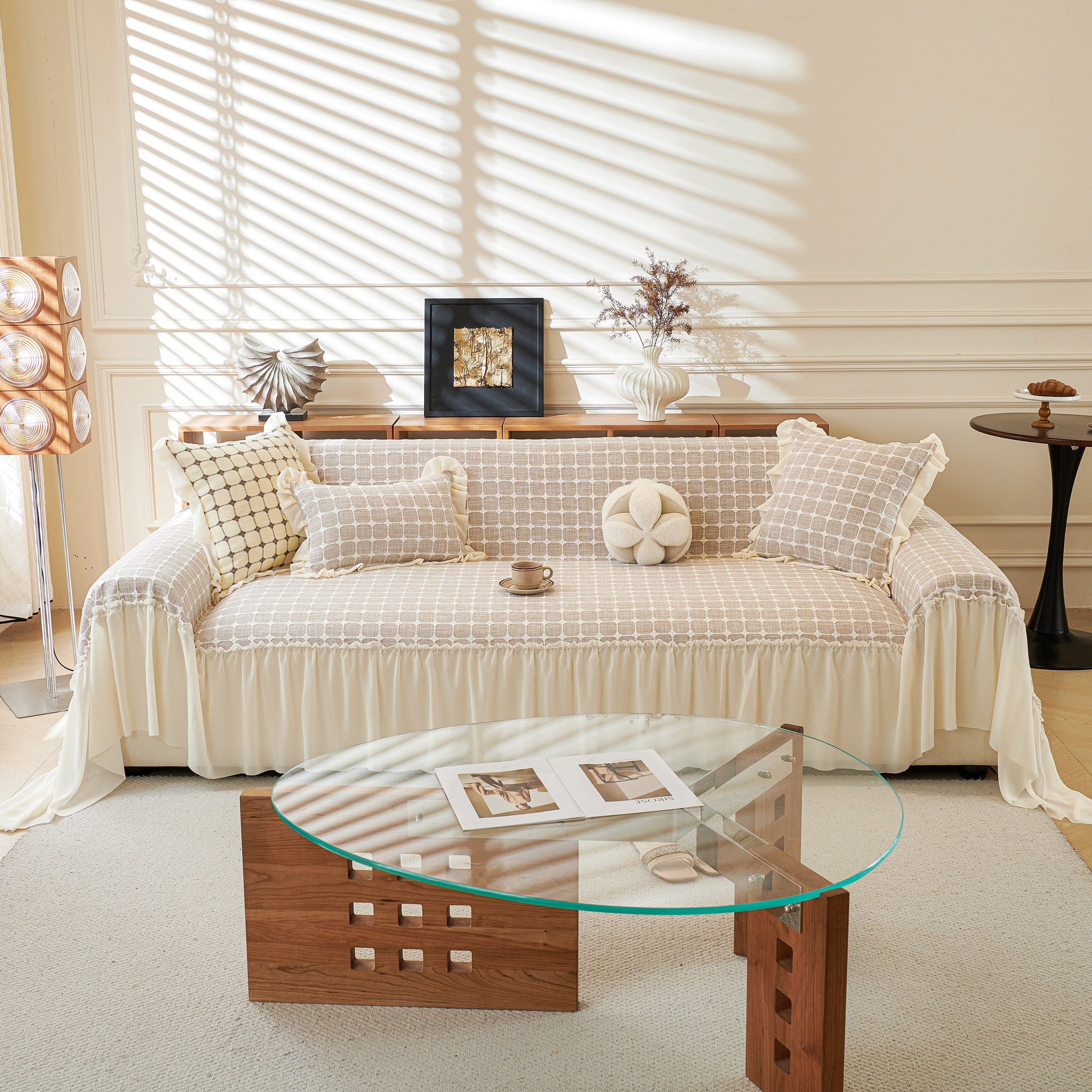 Grid Textured Sofa Cover With Sheer Ruffle Skirt, Pet-friendly Sofa Throw Slipcover