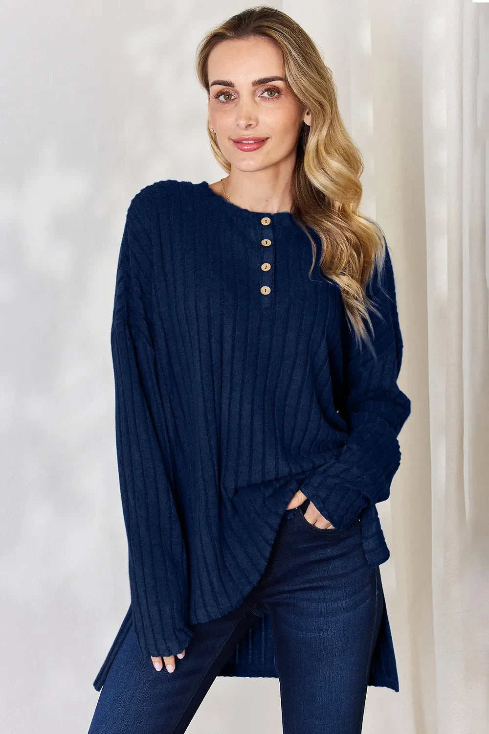 Basic Bae Full Size Ribbed Half Button Long Sleeve High-low Knit Top | Includes Plus Size