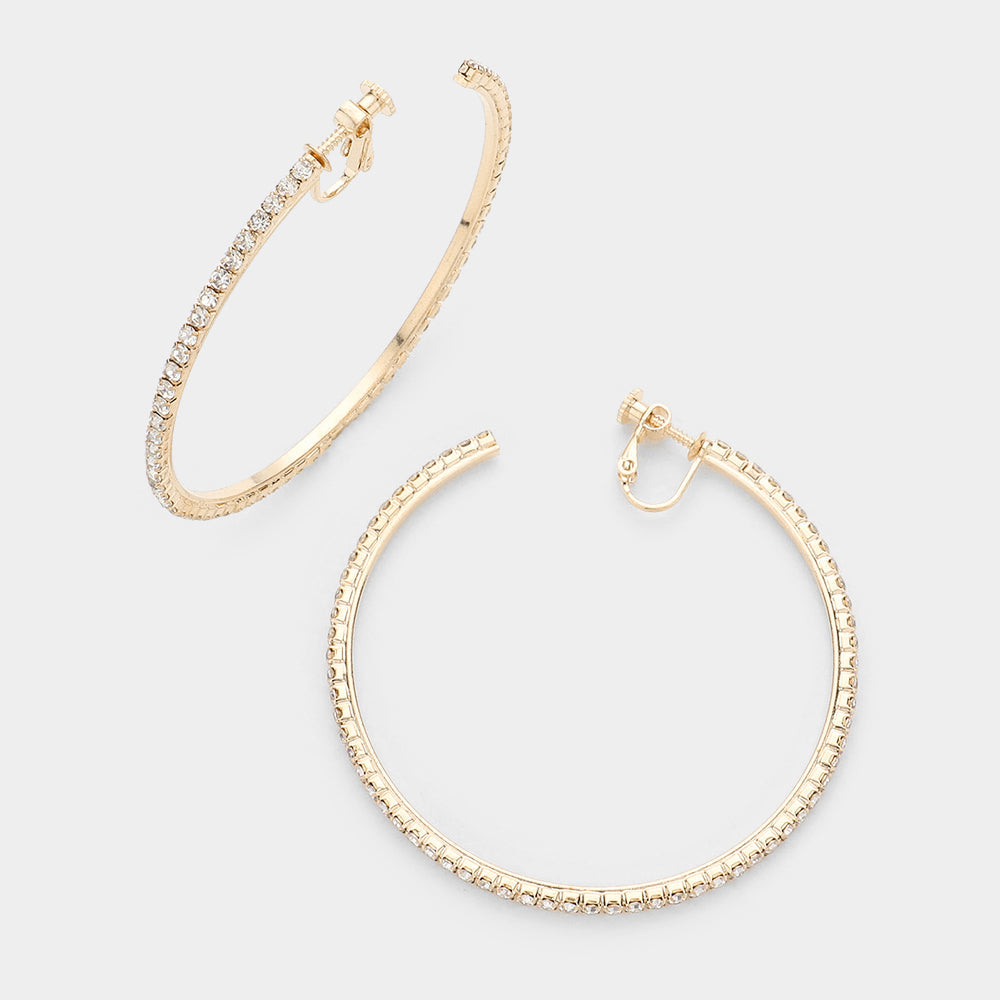 2.5 Inch Rhinestone Hoop Clip On Earrings