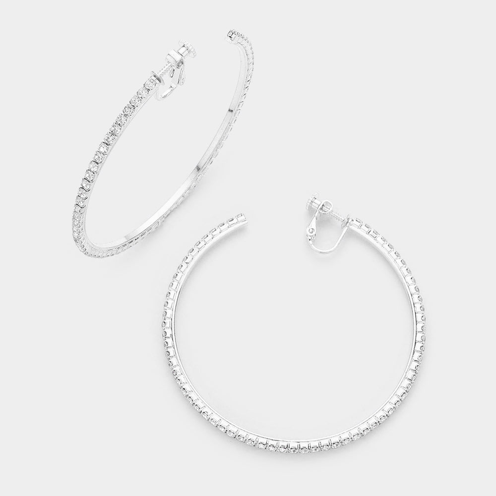2.5 Inch Rhinestone Hoop Clip On Earrings