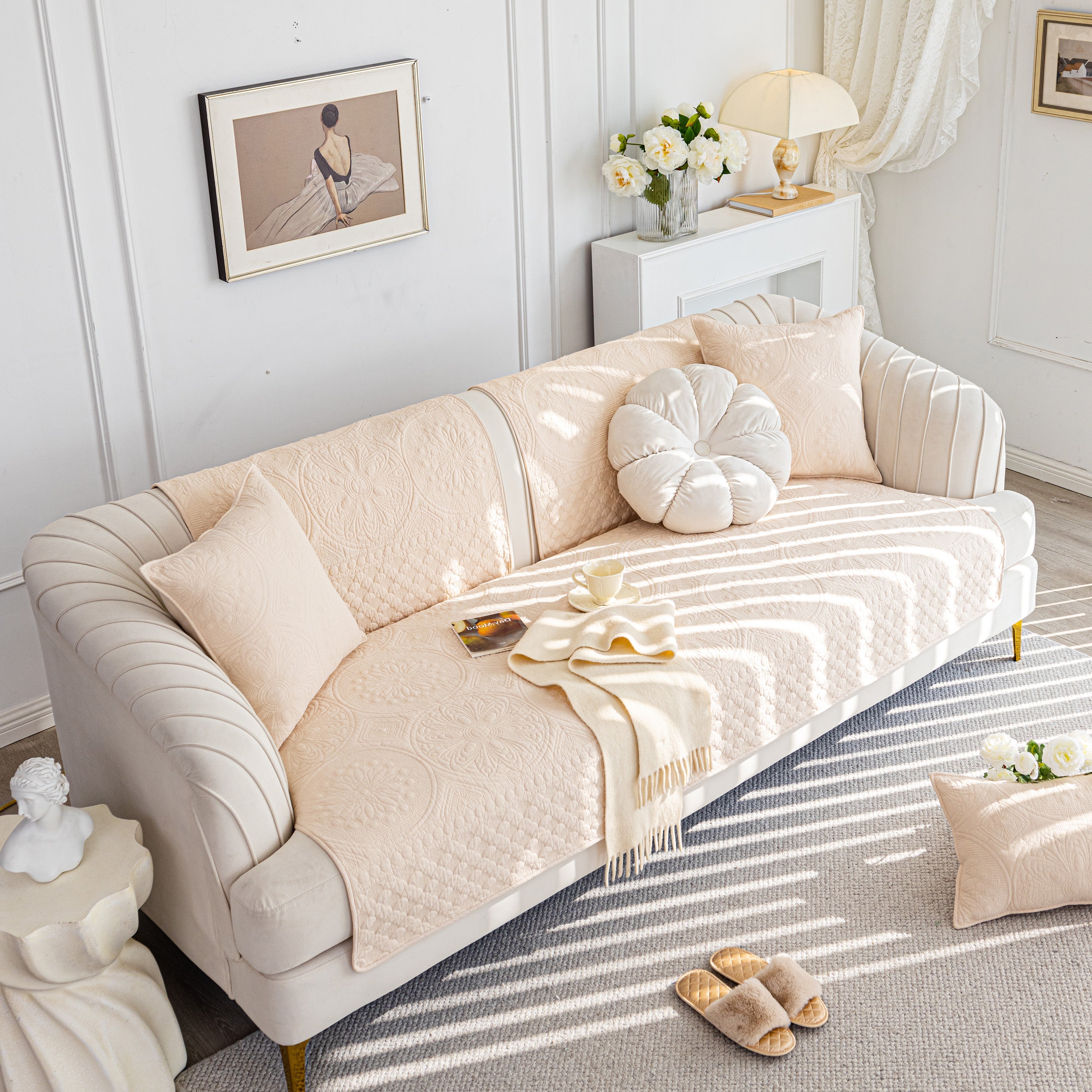 Cotton Quilted Sofa Cover, Non-slip Couch Protector Fits Backrest, Seat & Armrest