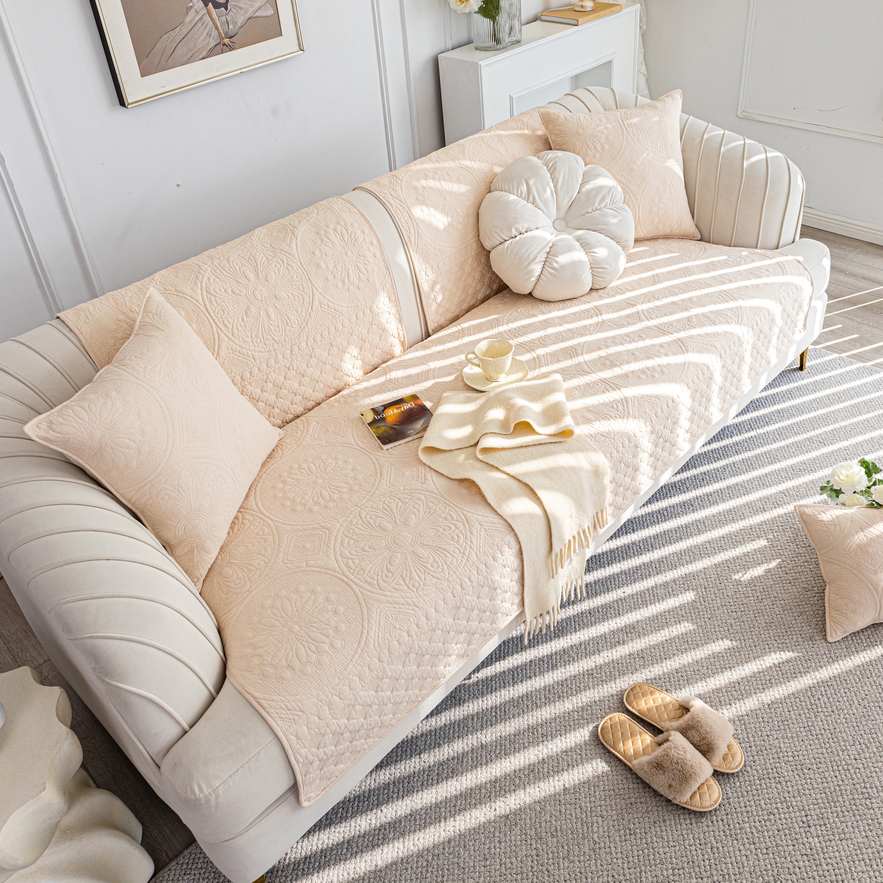 Cotton Quilted Sofa Cover, Non-slip Couch Protector Fits Backrest, Seat & Armrest