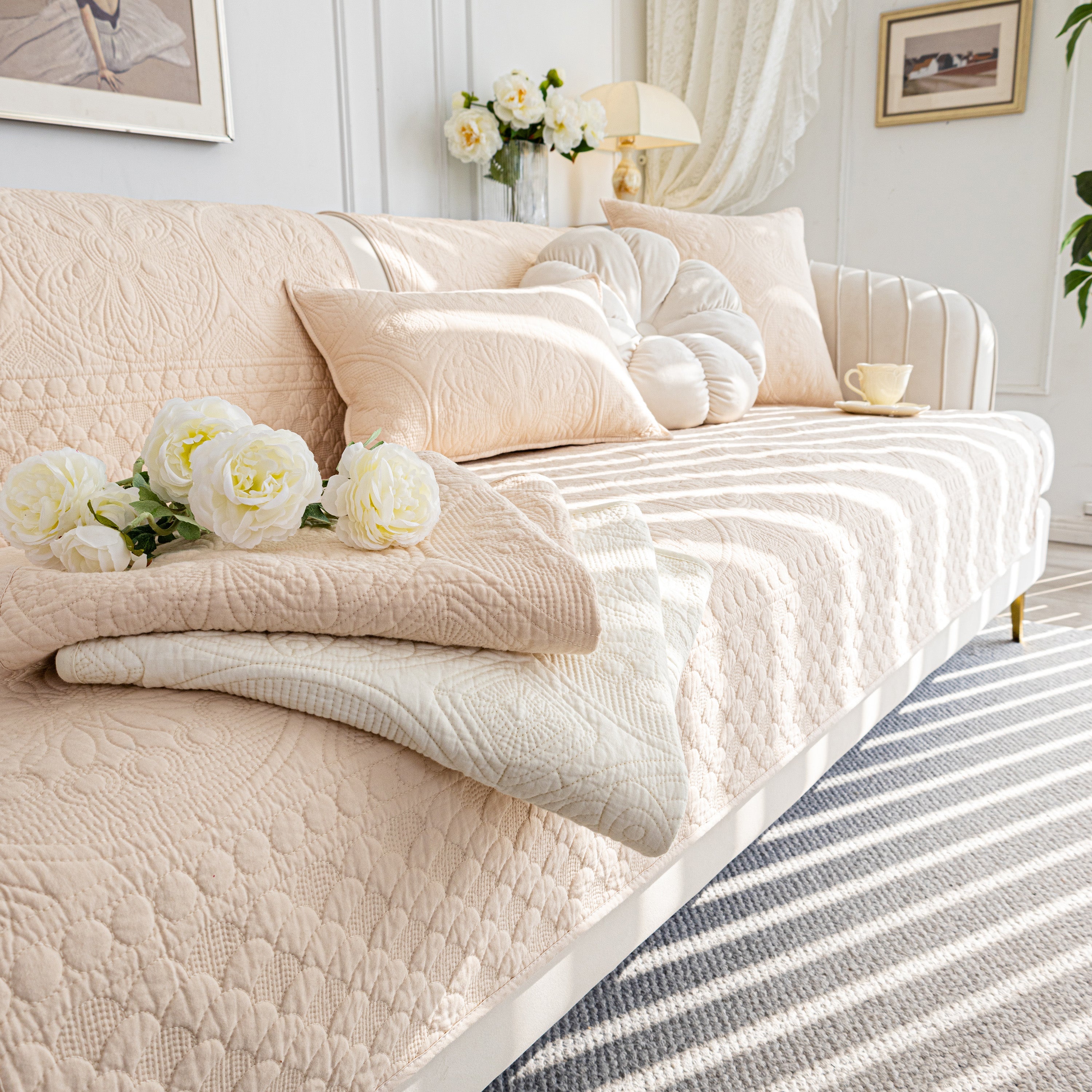 Cotton Quilted Sofa Cover, Non-slip Couch Protector Fits Backrest, Seat & Armrest
