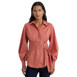 LAUREN Ralph Lauren Tie Front Cotton-Blend Shirt Pink Size XS