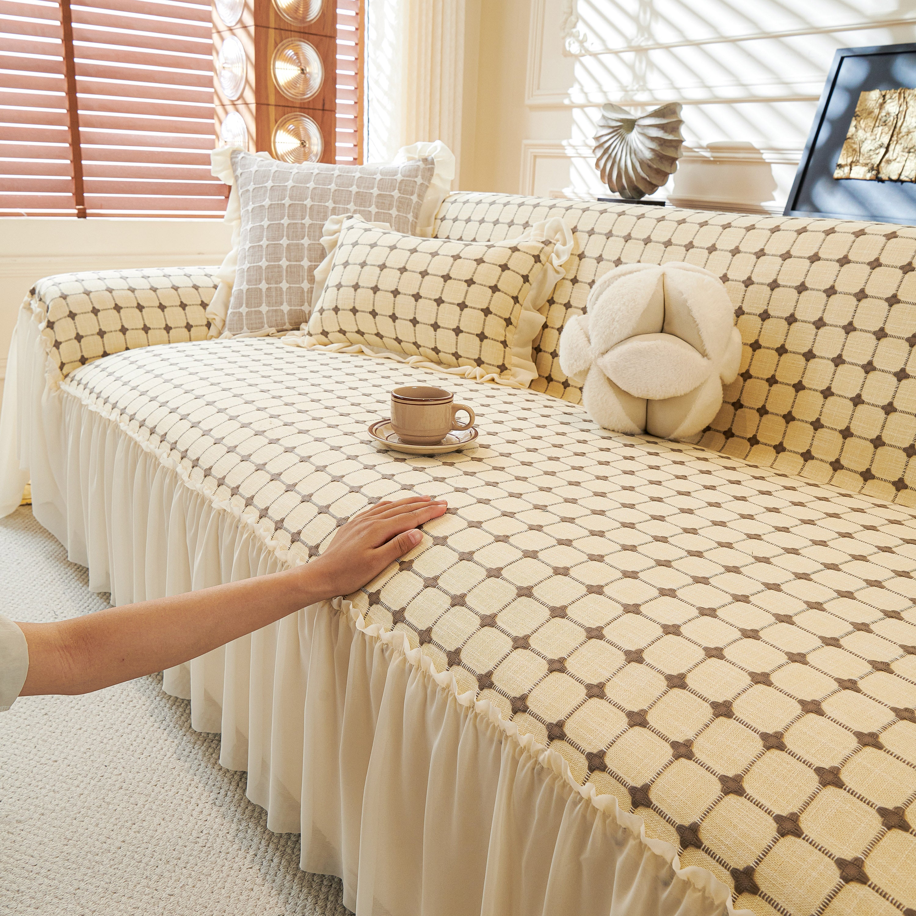 Grid Textured Sofa Cover With Sheer Ruffle Skirt, Pet-friendly Sofa Throw Slipcover