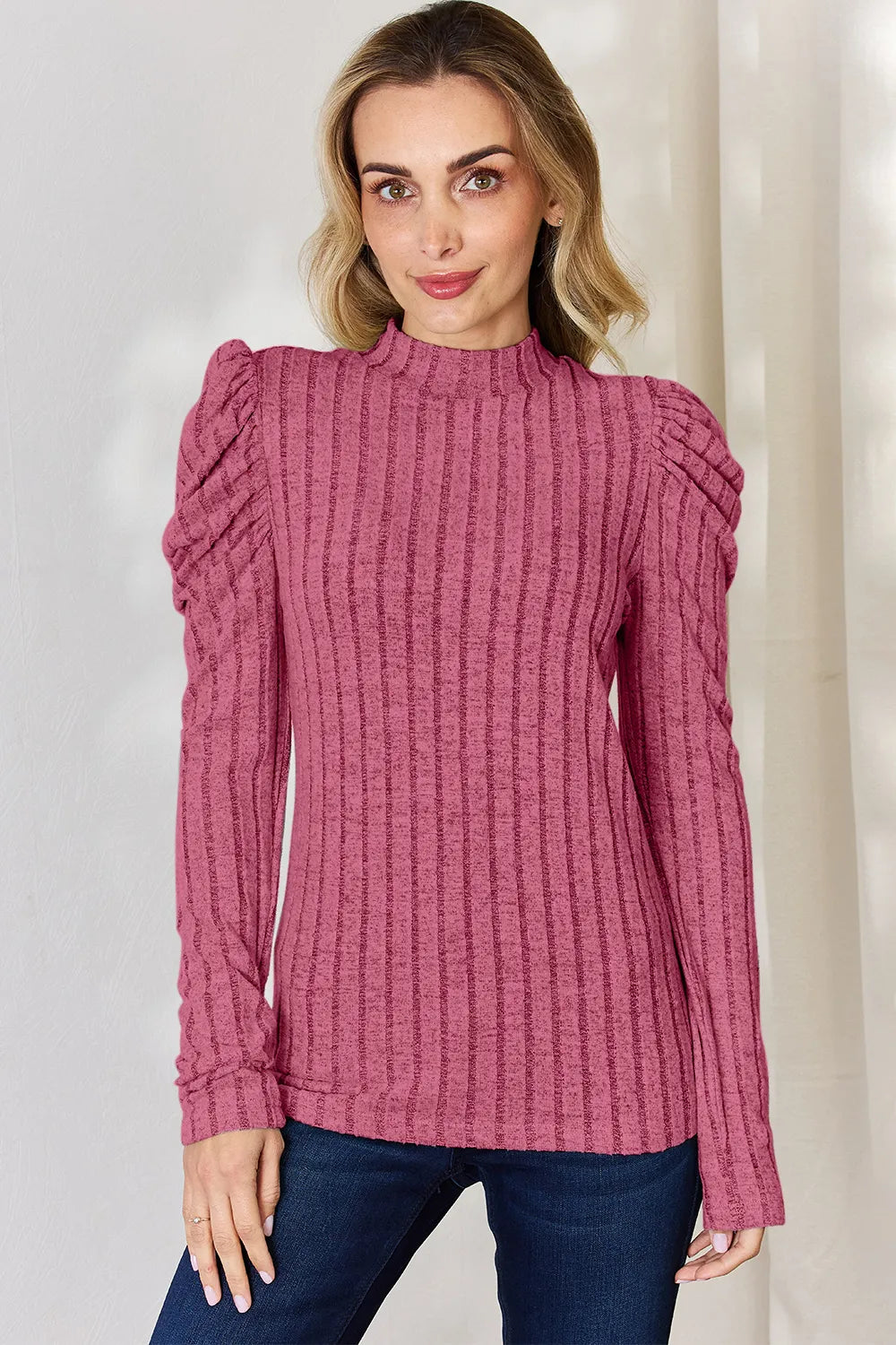 Basic Bae Full Size Ribbed Mock Neck Puff Sleeve T-shirt | Includes Plus Size