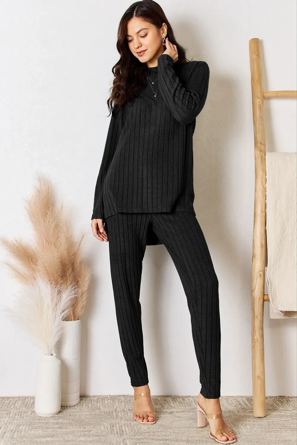 Basic Bae Full Size Ribbed Round Neck High-low Slit Top And Pants Set