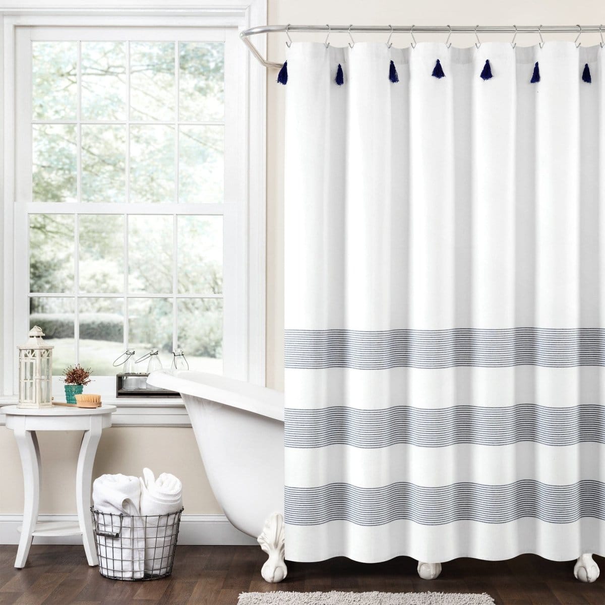 Boho Tassel Stripe Yarn Dyed Recycled Cotton Blend Shower Curtain